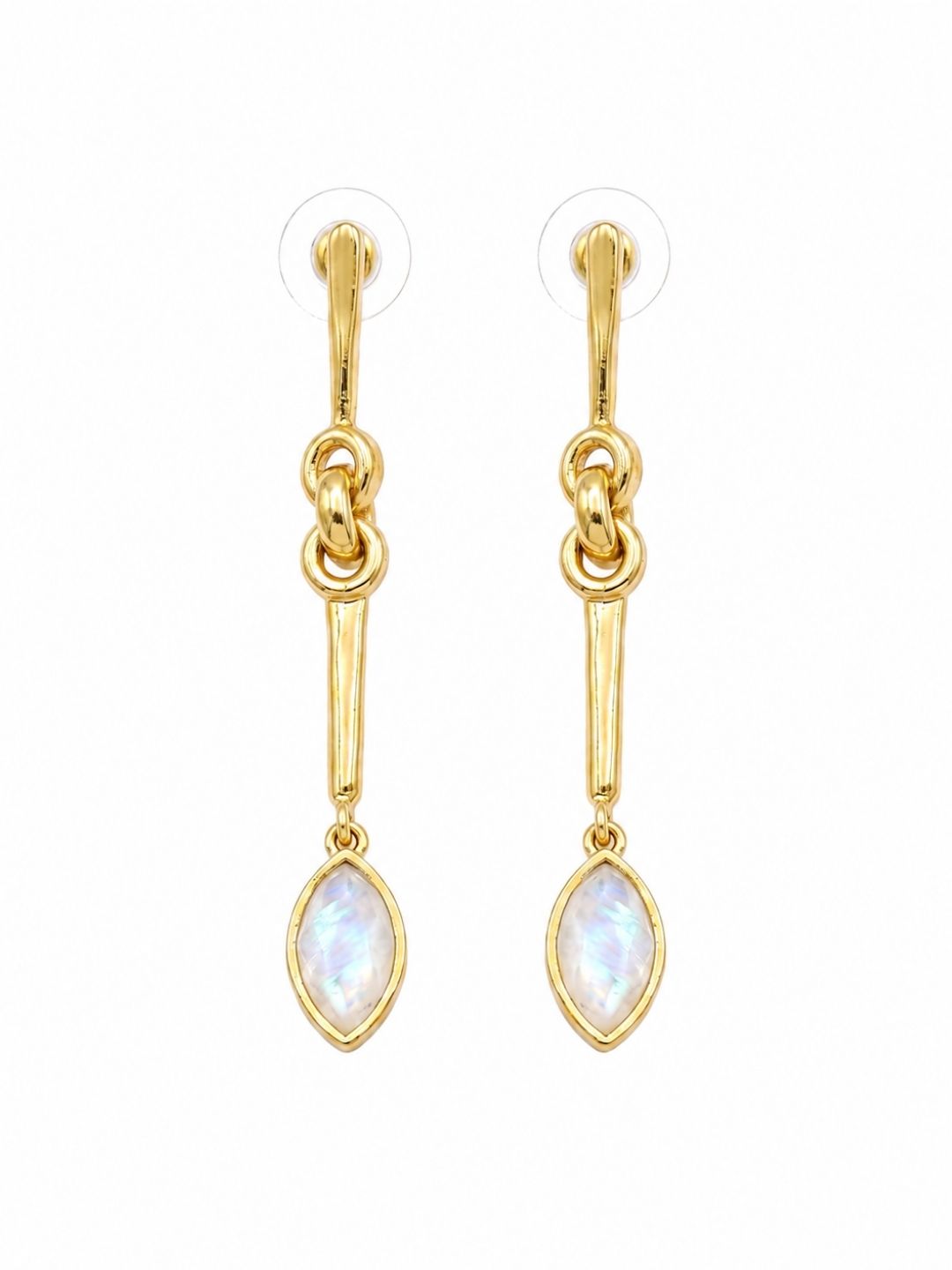 Designer gold plated white rainbow stone drop earrings with contemporary fashion appeal on white background.
