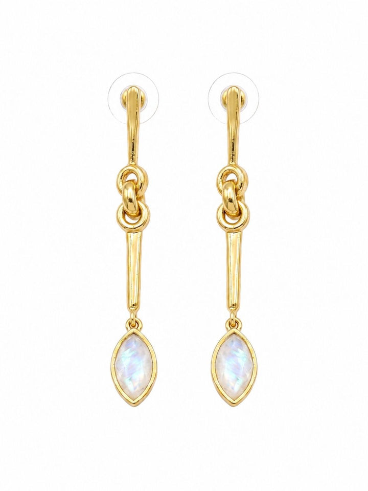 Designer gold plated white rainbow stone drop earrings with contemporary fashion appeal on white background.
