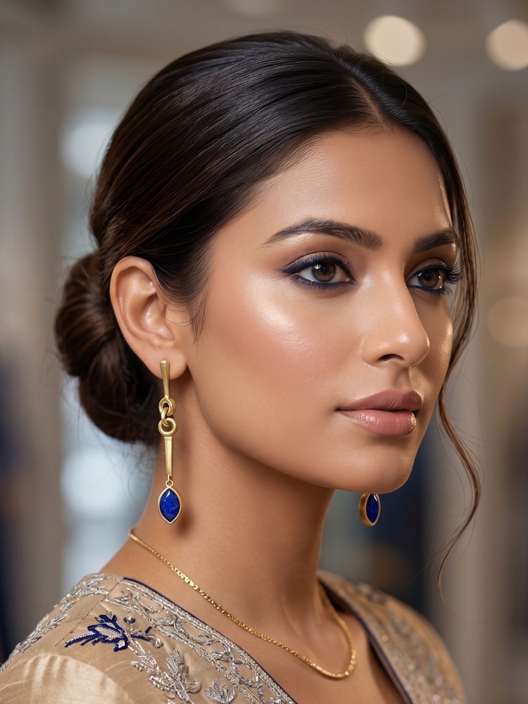Woman styling gold plated lapis gemstone long earrings with a sophisticated modern outfit.
