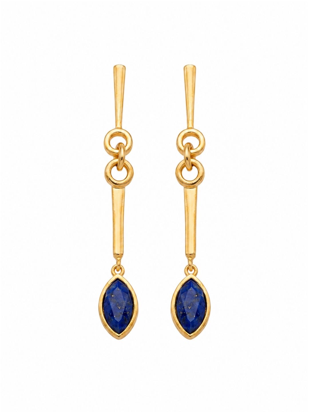 Gold plated long dangle earrings with natural lapis stones isolated on a white background.
