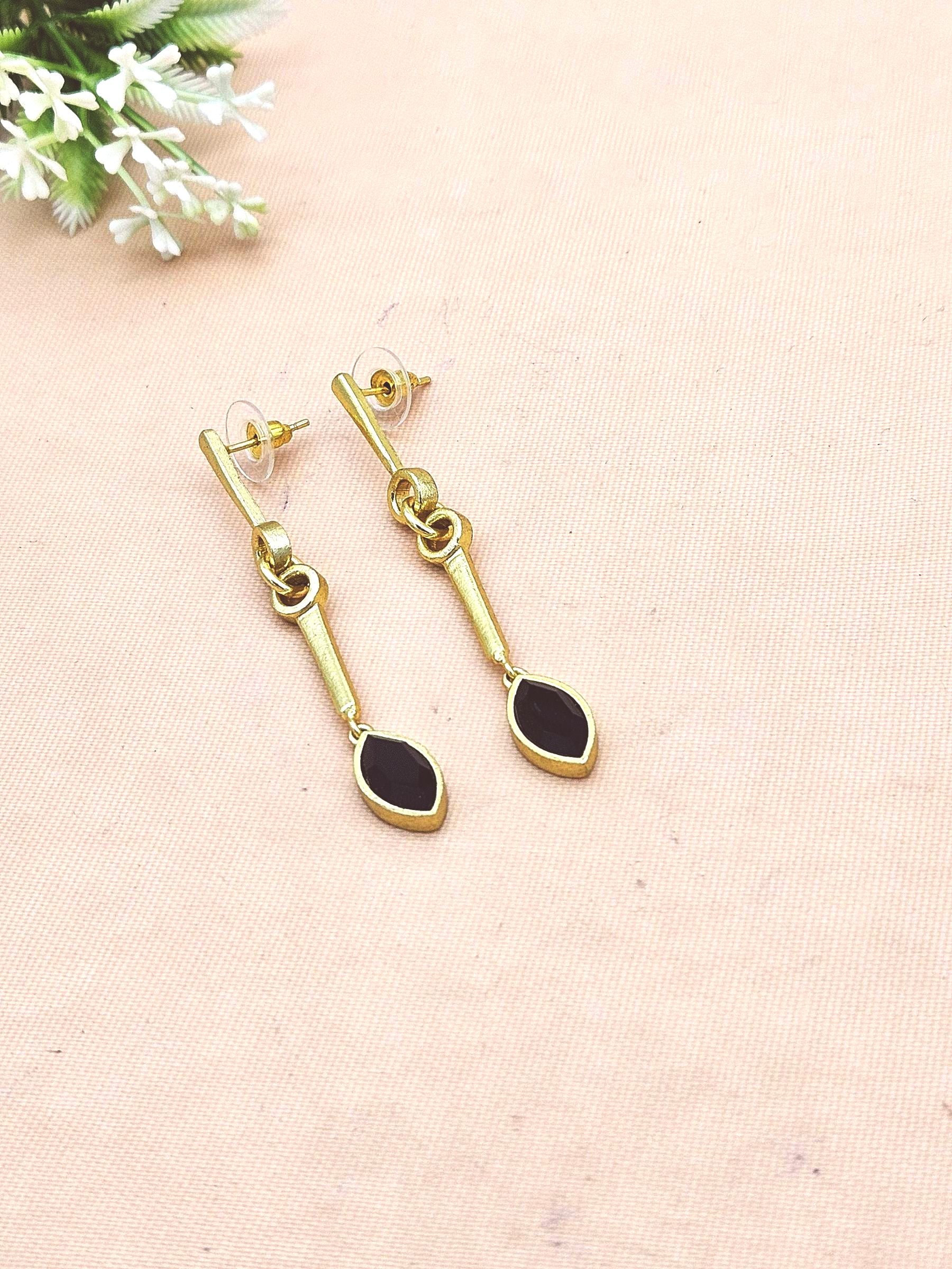 Artisan Handcrafted Black Onyx Stone Earrings – Gold Plated Long Statement Dangles