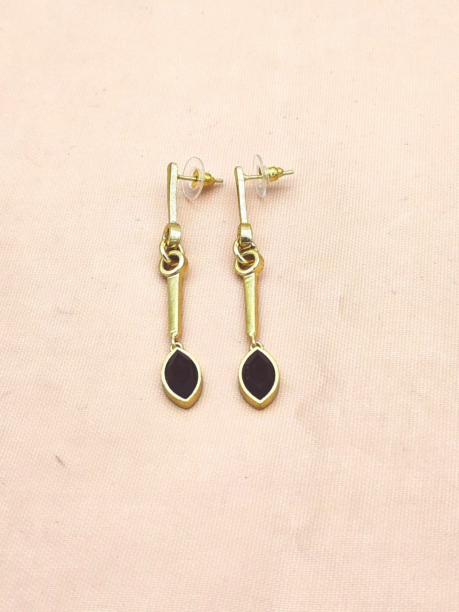 Artisan Handcrafted Black Onyx Stone Earrings – Gold Plated Long Statement Dangles