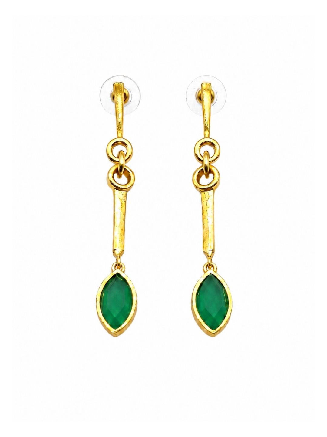 Gold plated long dangle earrings with natural green onyx stones isolated on a white background.
