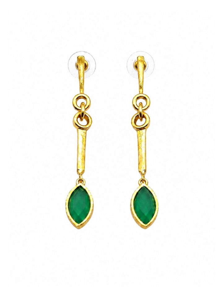 Gold plated long dangle earrings with natural green onyx stones isolated on a white background.

