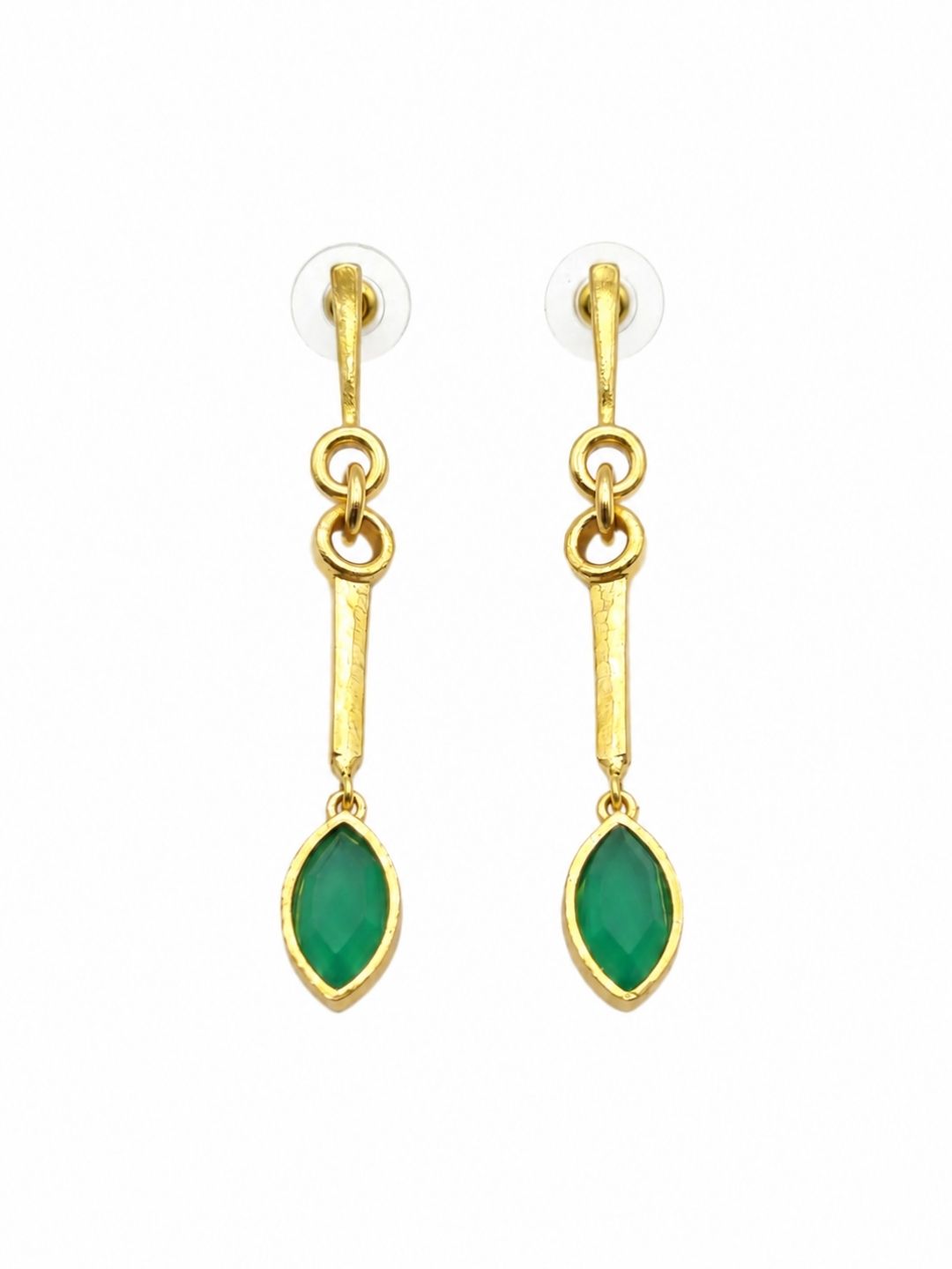 Gold plated long dangle earrings with natural green chalcedony stones isolated on a white background.
