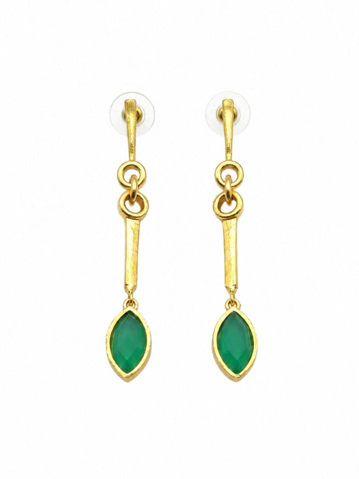 Gold plated long dangle earrings with natural green chalcedony stones isolated on a white background.
