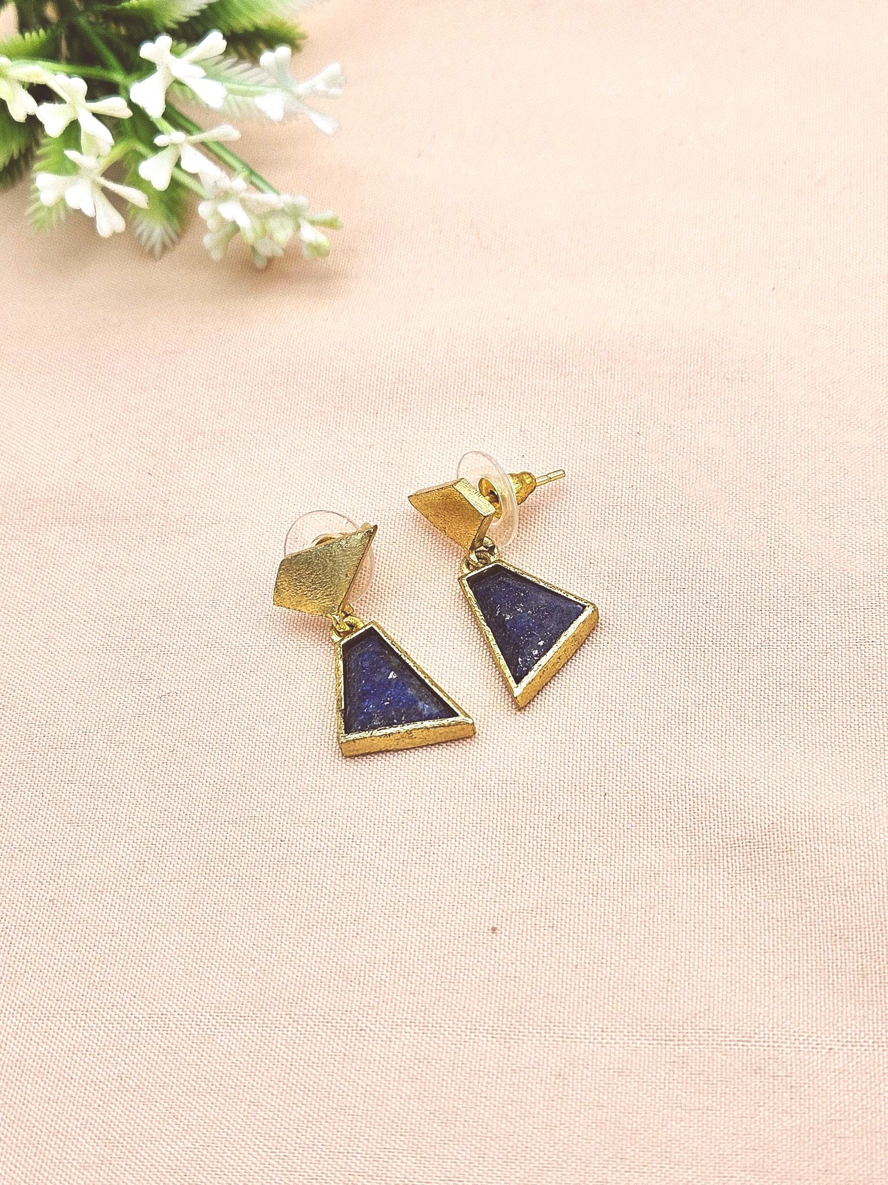 Artisan Handcrafted Gold Plated Lapis Gemstone Statement Dangle Earrings for Women