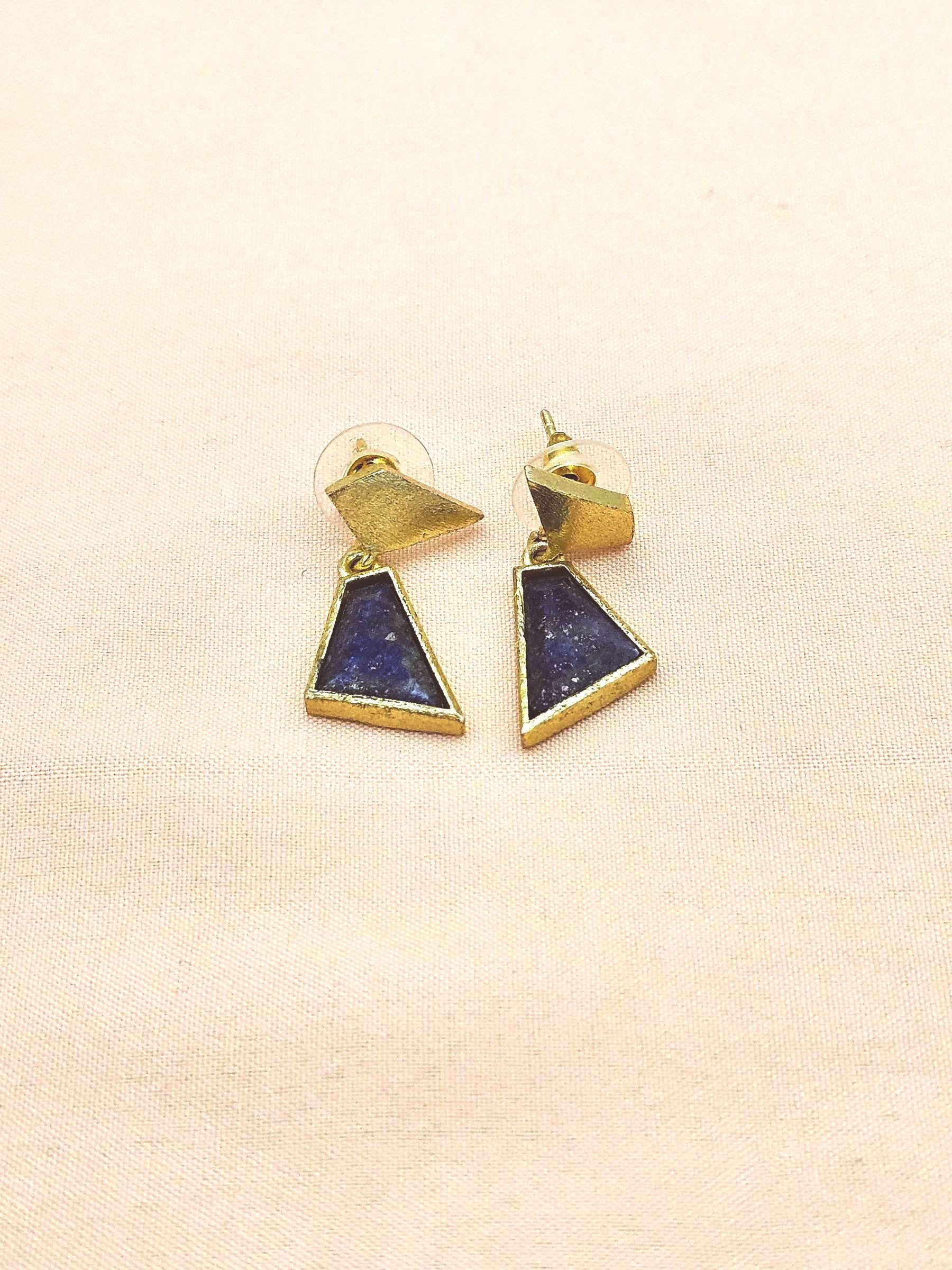 Artisan Handcrafted Gold Plated Lapis Gemstone Statement Dangle Earrings for Women