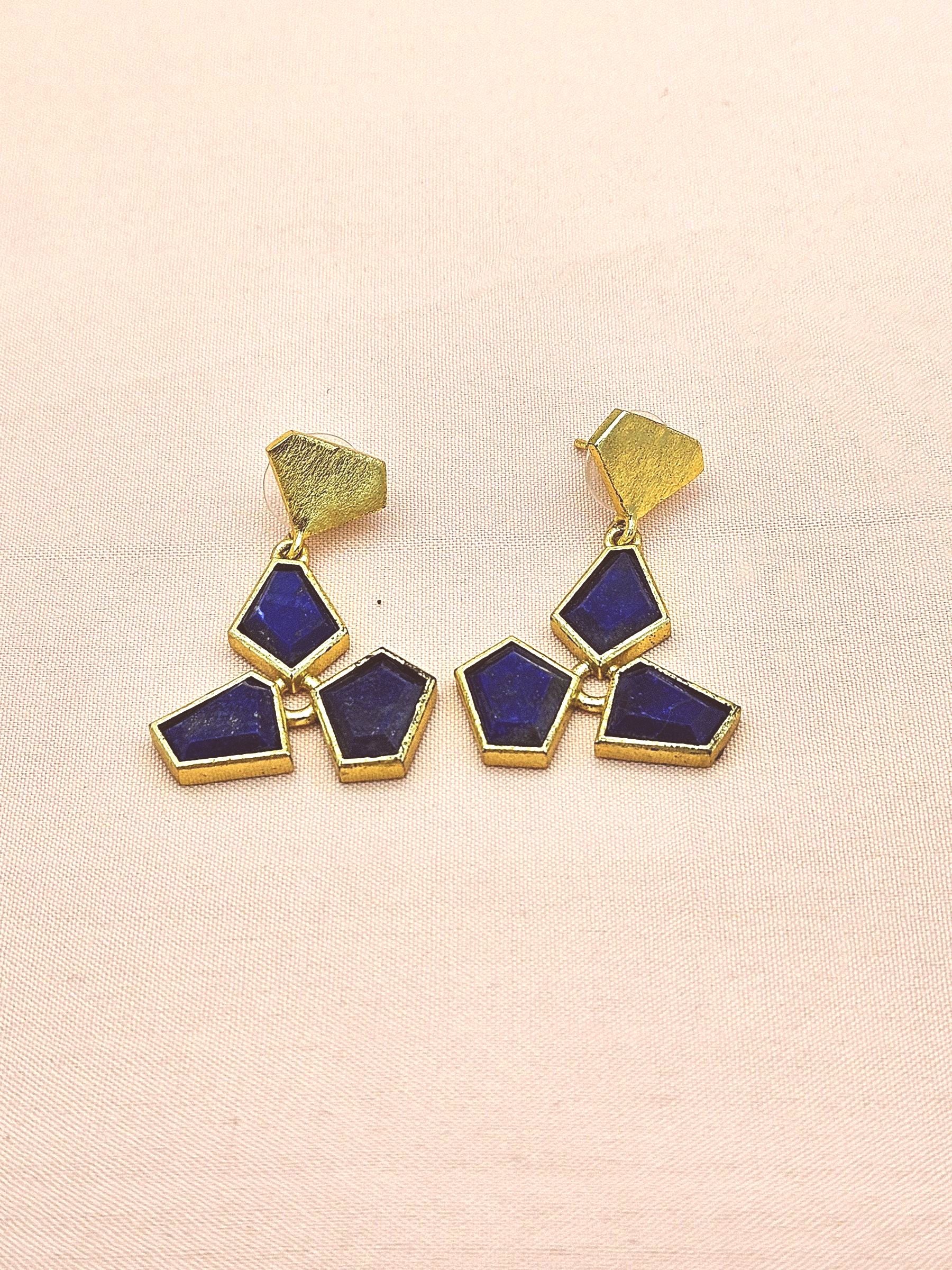 Modern Gold Plated Lapis Geometric Earrings – Lightweight Designer Jewelry