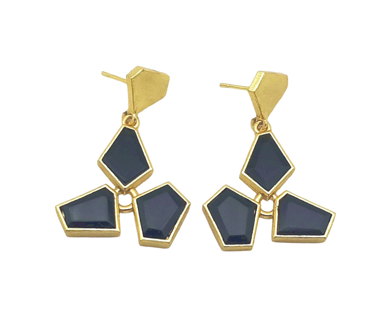 Gorgeous Handcrafted Gold Plated Black Onyx Geometric Designer Lightweight Dangle Earrings
