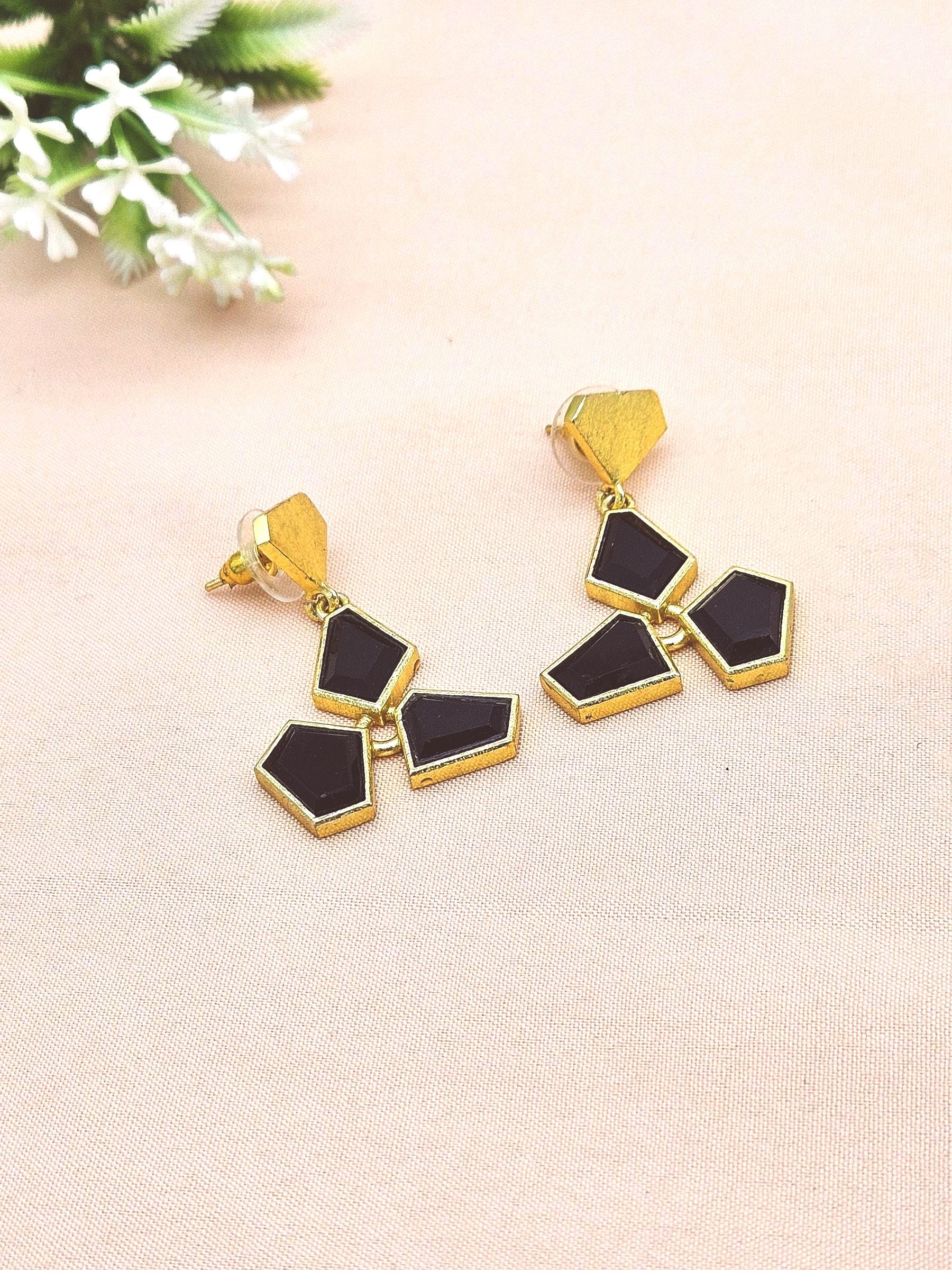 Gorgeous Handcrafted Gold Plated Black Onyx Geometric Designer Lightweight Dangle Earrings