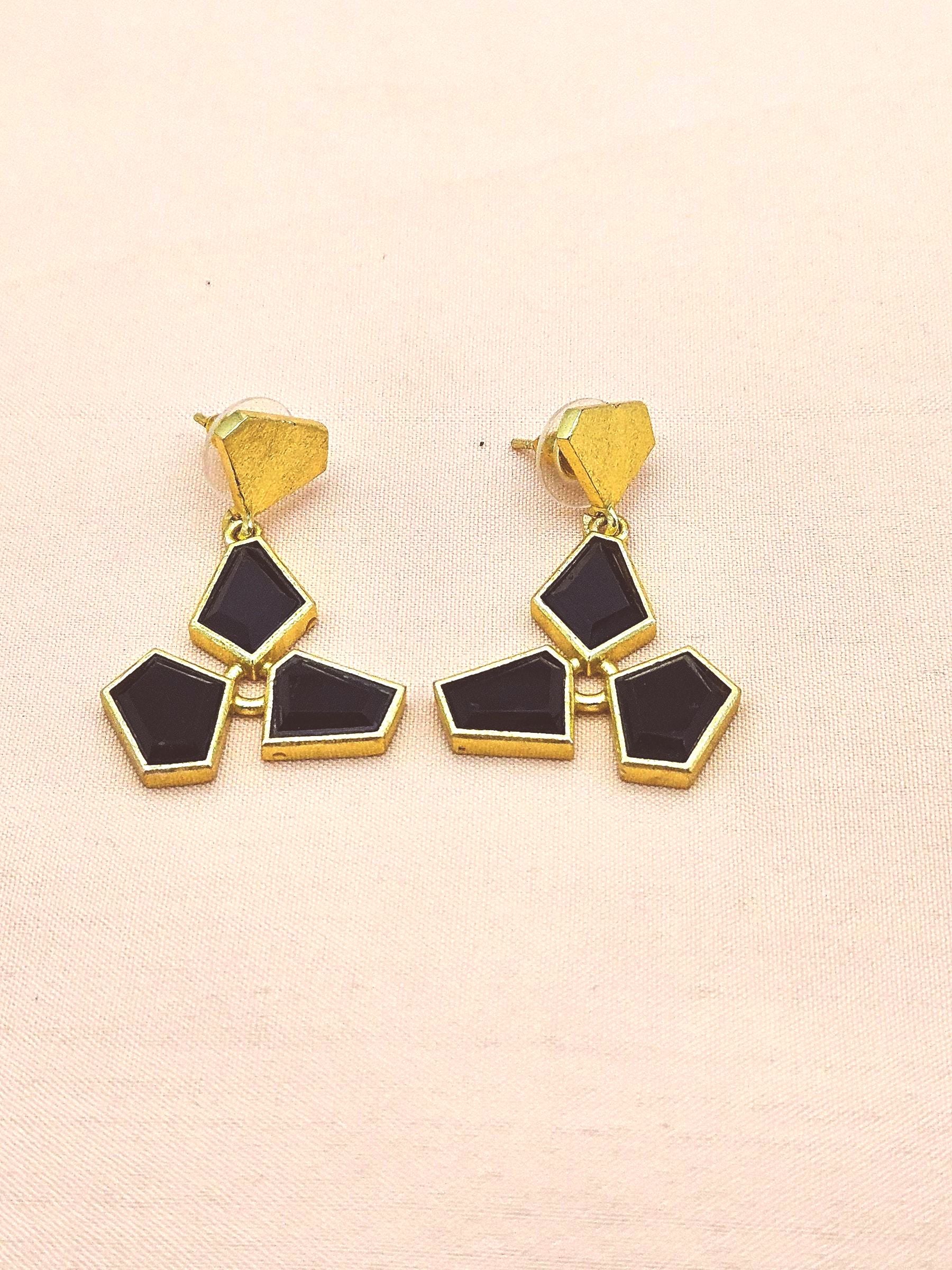 Gorgeous Handcrafted Gold Plated Black Onyx Geometric Designer Lightweight Dangle Earrings