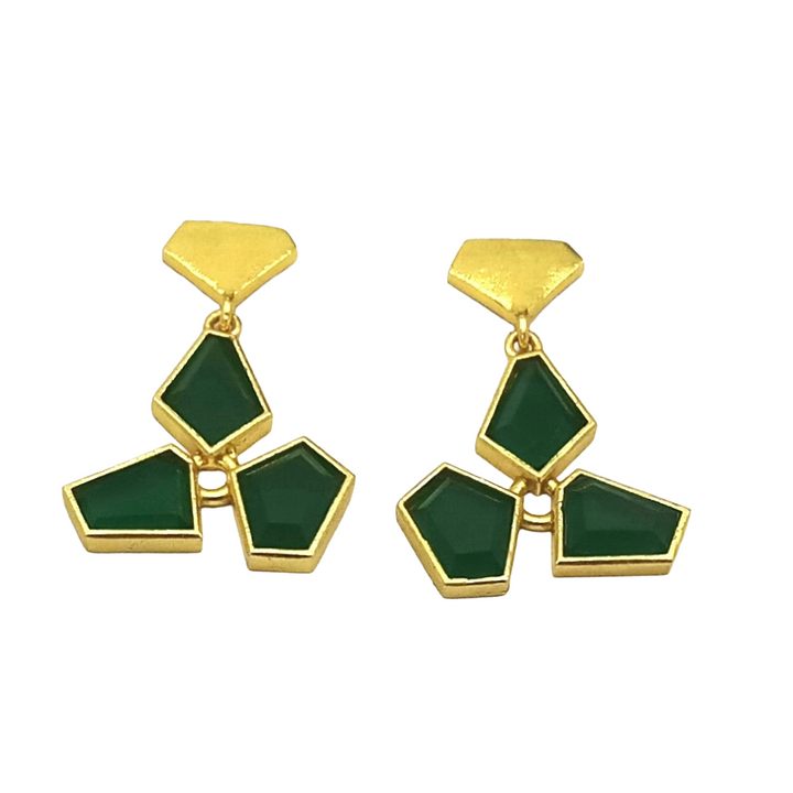 Handmade Gold Plated Green Onyx Gemstone Lightweight Dangle Earrings