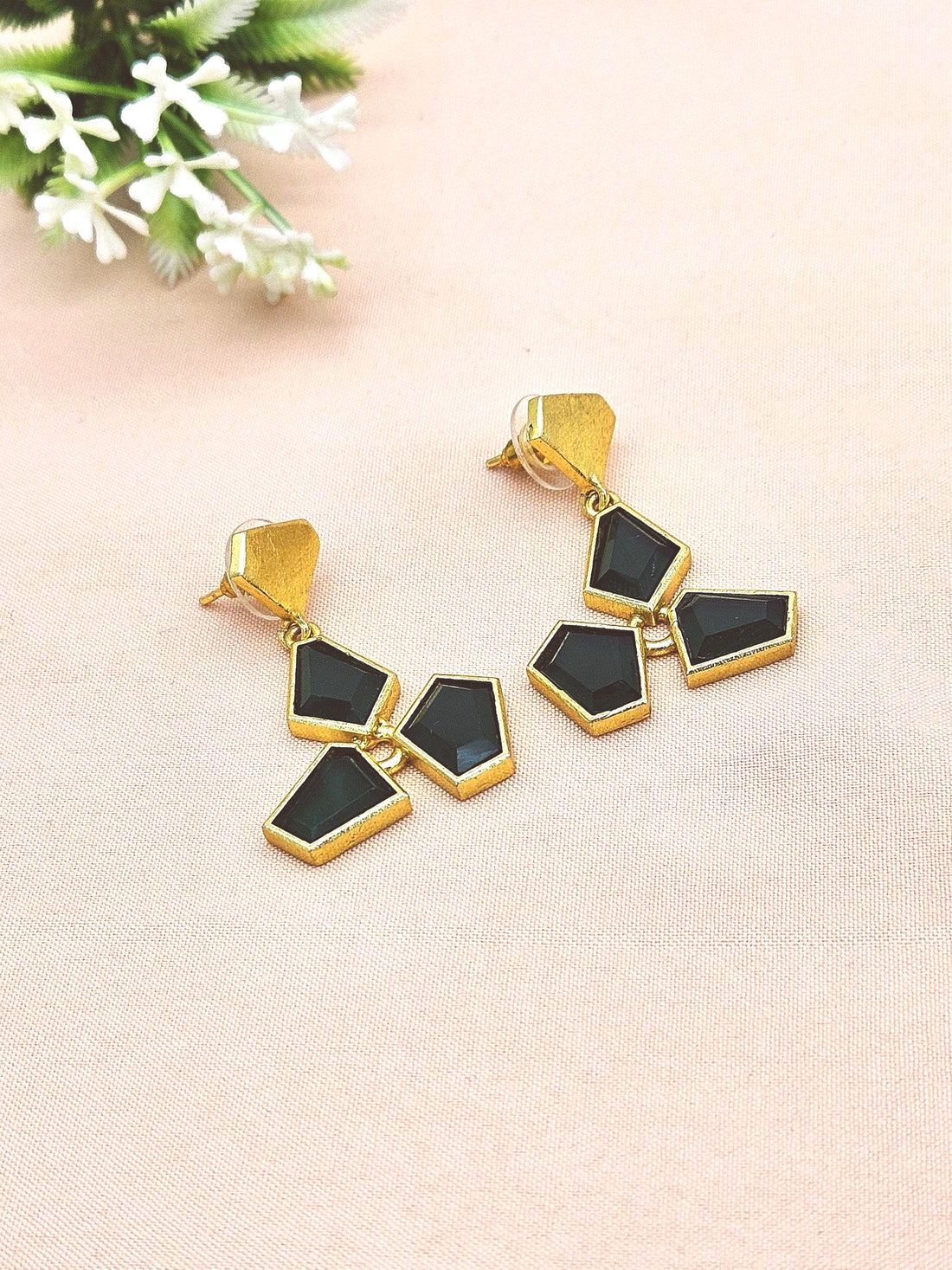 Handmade Gold Plated Green Onyx Gemstone Lightweight Dangle Earrings