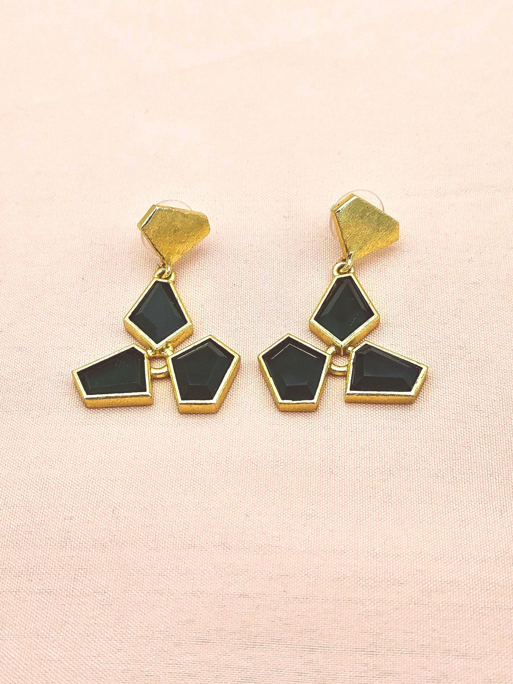 Handmade Gold Plated Green Onyx Gemstone Lightweight Dangle Earrings
