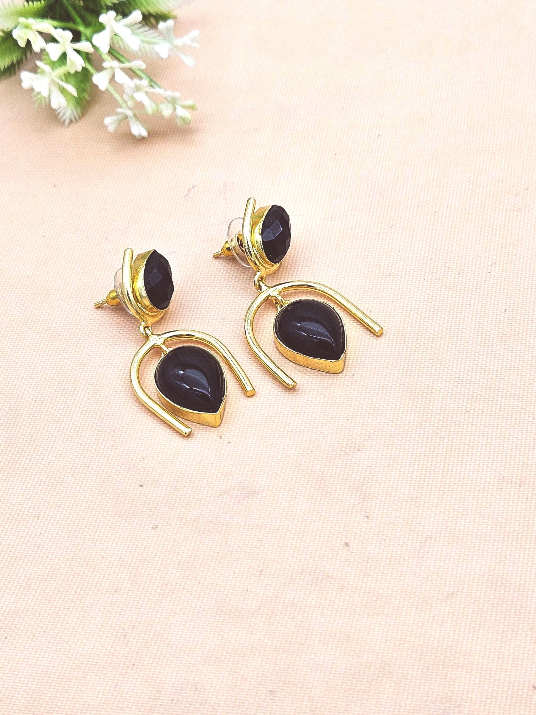 Stylish Gold Plated Black Onyx Dangle Earrings – Lightweight Designer Jewelry