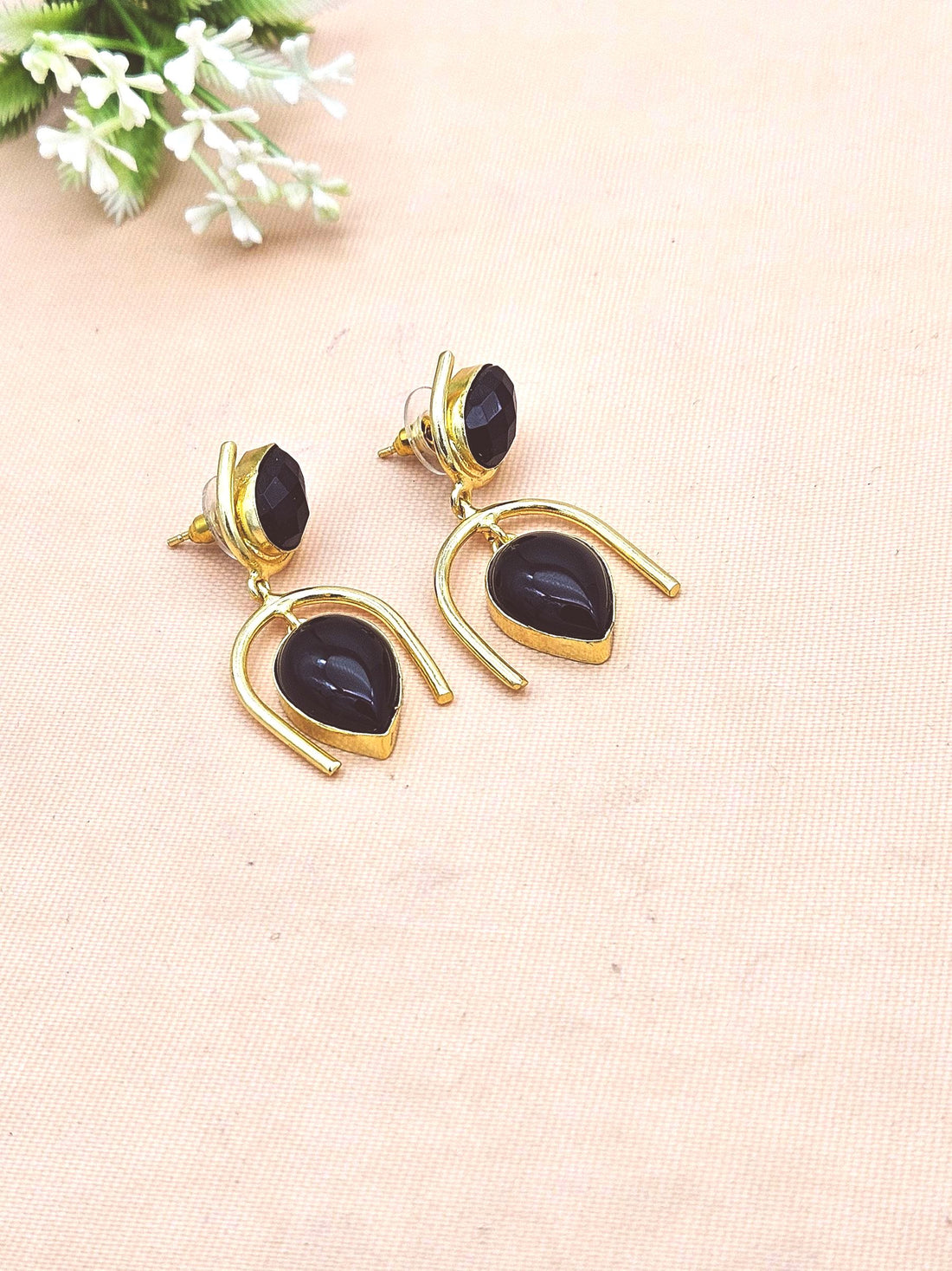 Stylish Gold Plated Black Onyx Dangle Earrings – Lightweight Designer Jewelry