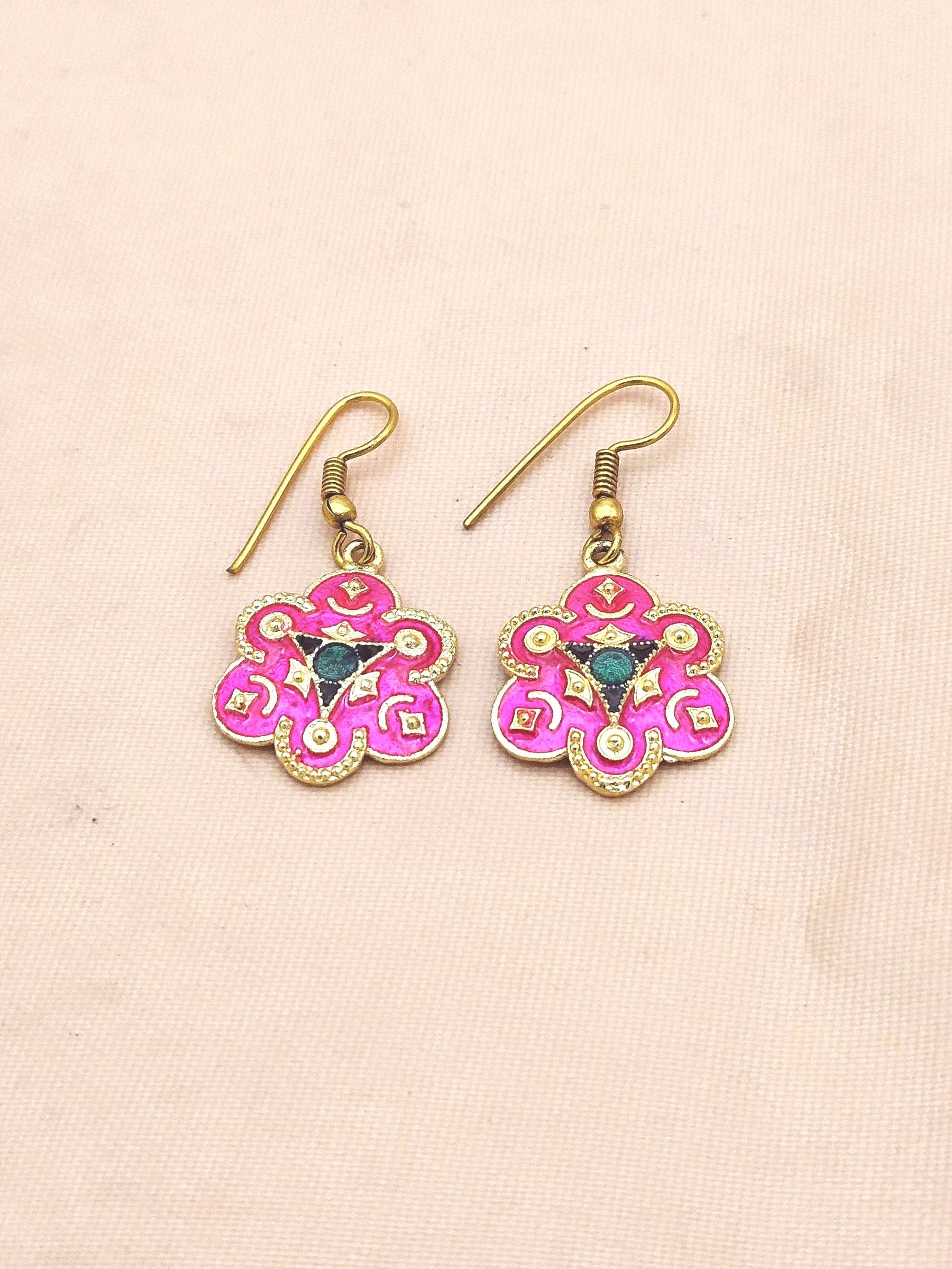 Handcrafted Gold Plated Enamel Work Designer Dangle Earrings for Women