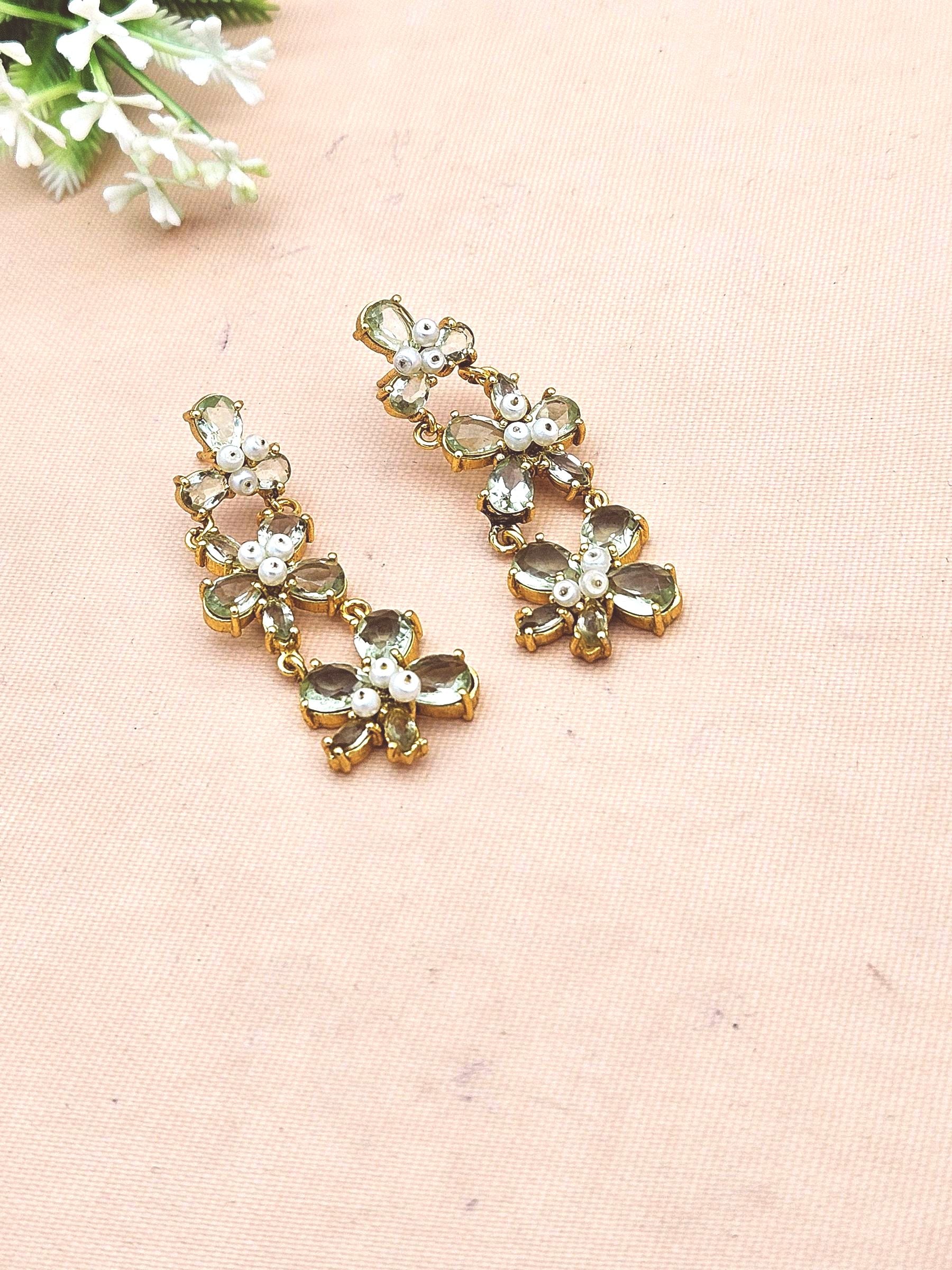 Handcrafted 18 Ct Gold Plated Green Amethyst Hydro Quartz & Glass Beads Dangle Earrings for Women