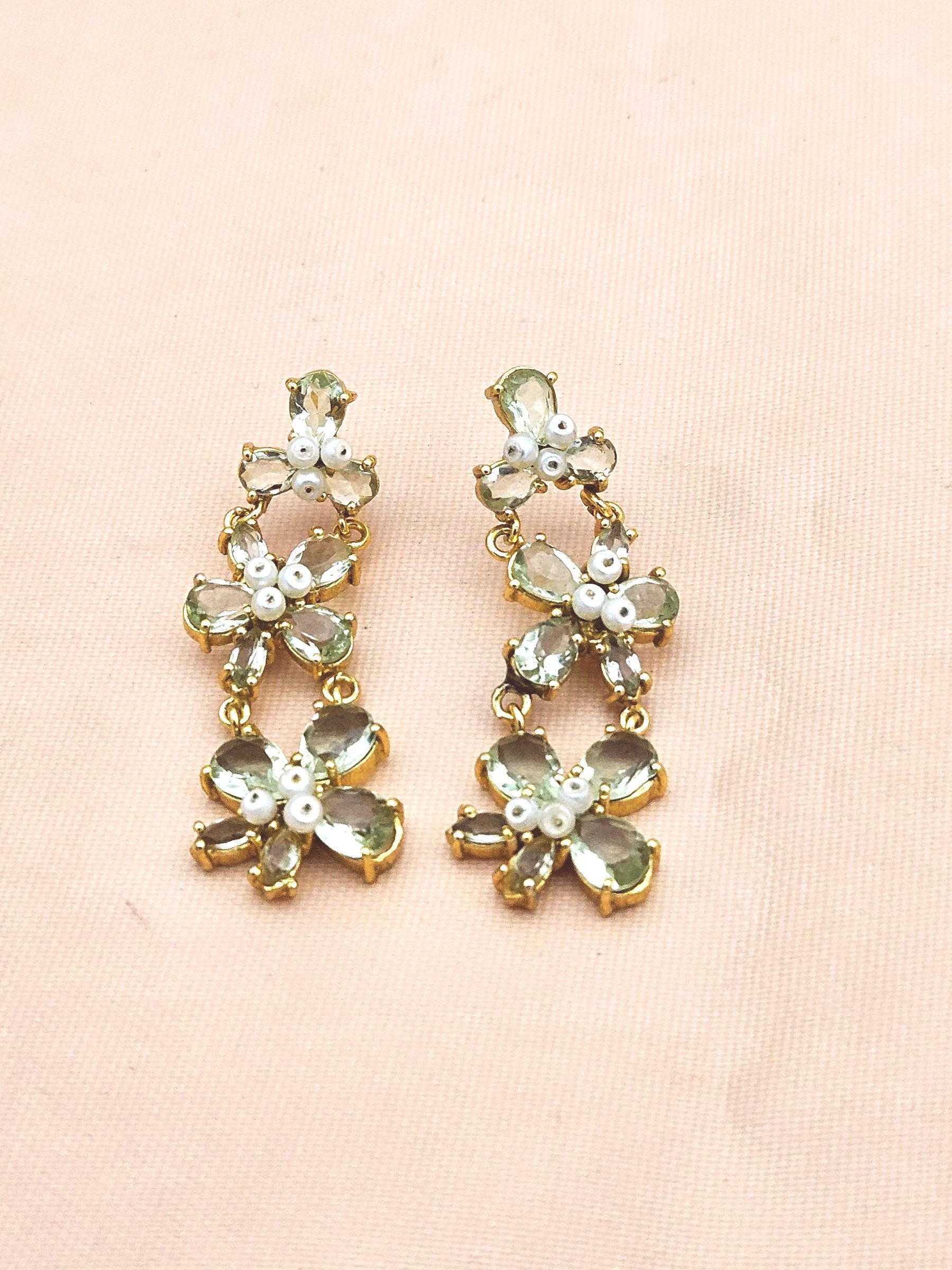 Handcrafted 18 Ct Gold Plated Green Amethyst Hydro Quartz & Glass Beads Dangle Earrings for Women