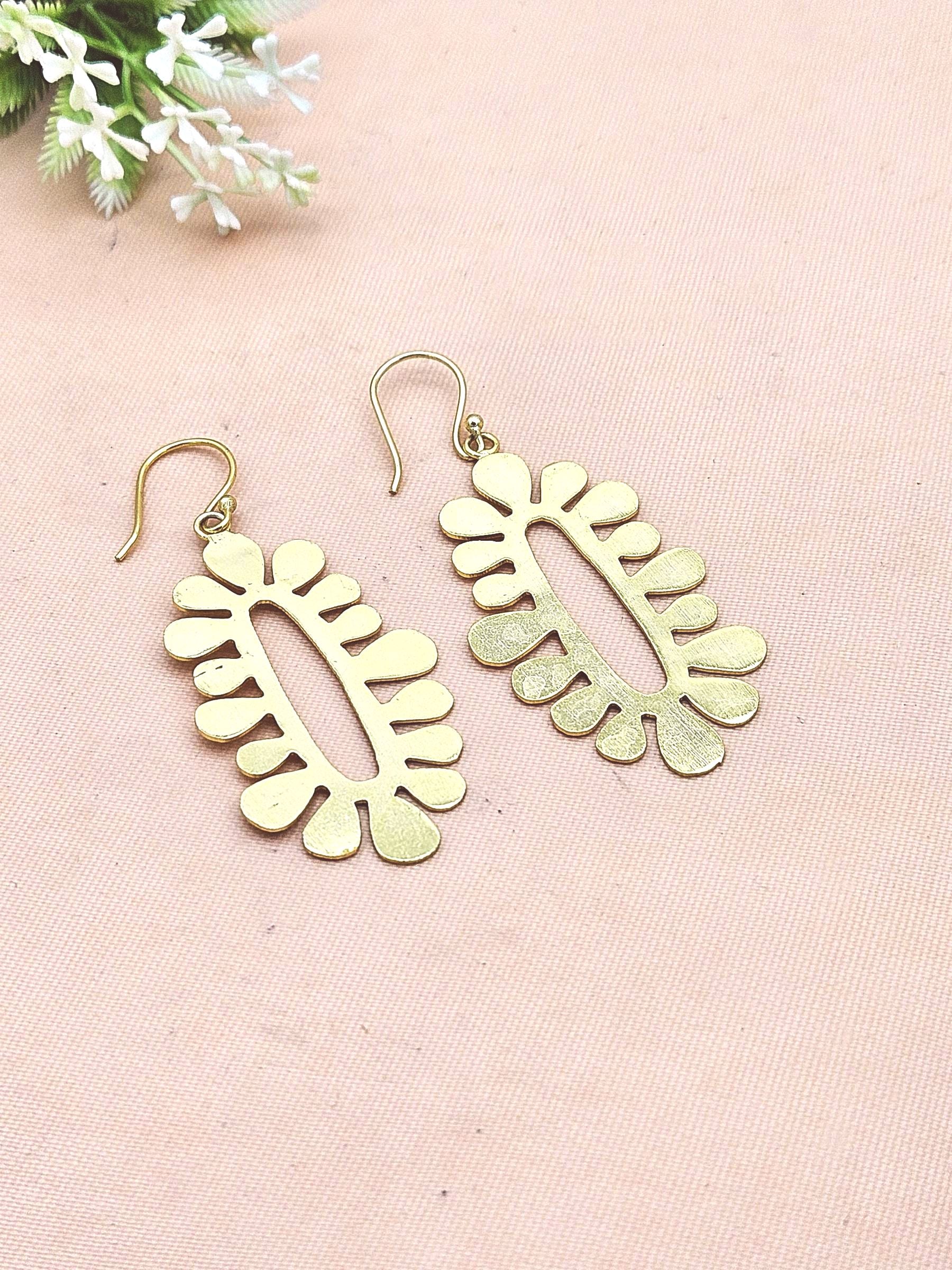 Contemporary Handmade Gold Plated Plain Statement Leaf Designer Drop Earrings