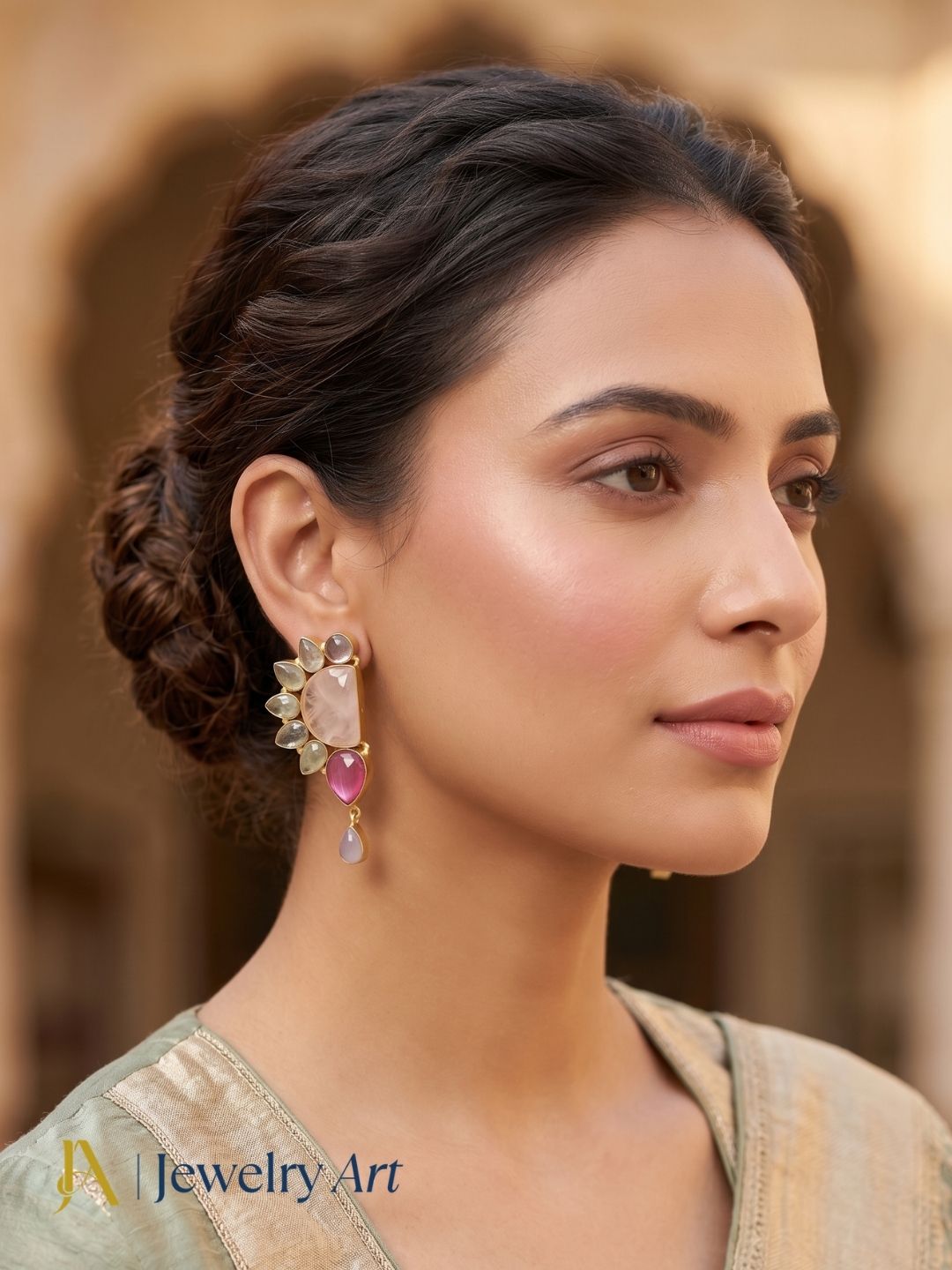 Designer women’s earrings with natural rose quartz, prehnite, and pink Monalisa accents
