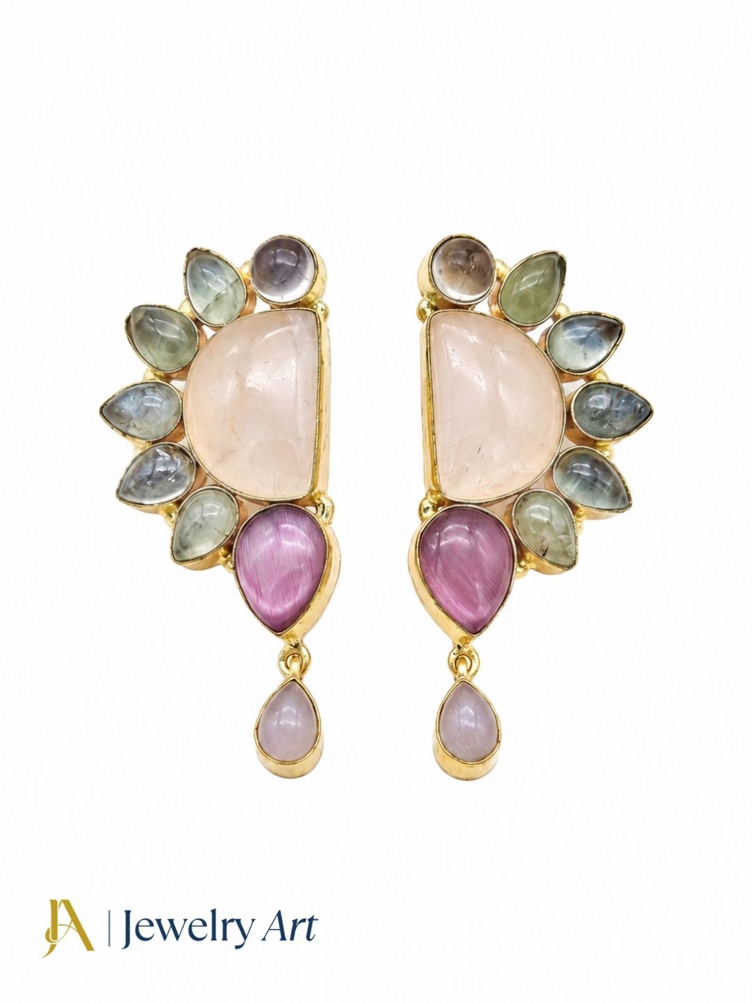 Elegant Gold Plated Rose Quartz, Prehnite & Pink Monalisa Designer Earrings for Women