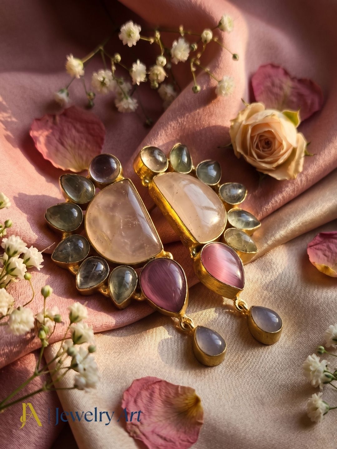 Elegant Gold Plated Rose Quartz, Prehnite & Pink Monalisa Designer Earrings for Women