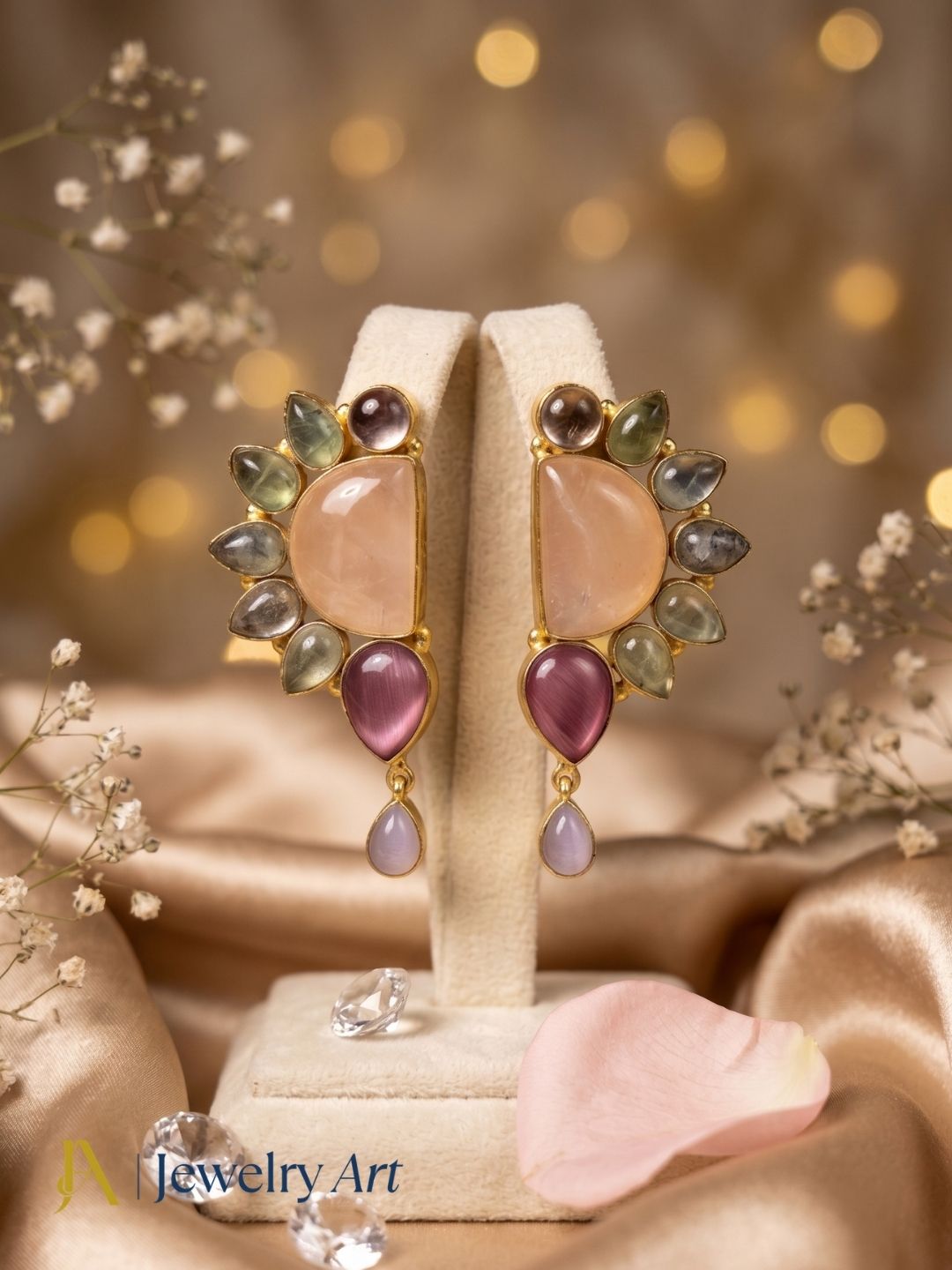 Elegant Gold Plated Rose Quartz, Prehnite & Pink Monalisa Designer Earrings for Women