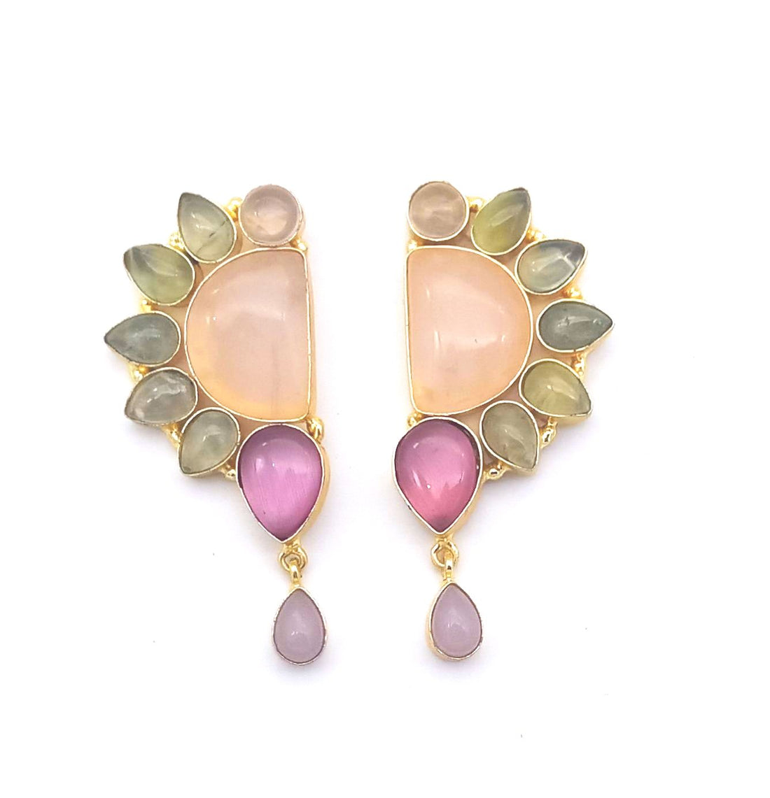 Elegant Gold Plated Rose Quartz, Prehnite & Pink Monalisa Designer Earrings for Women