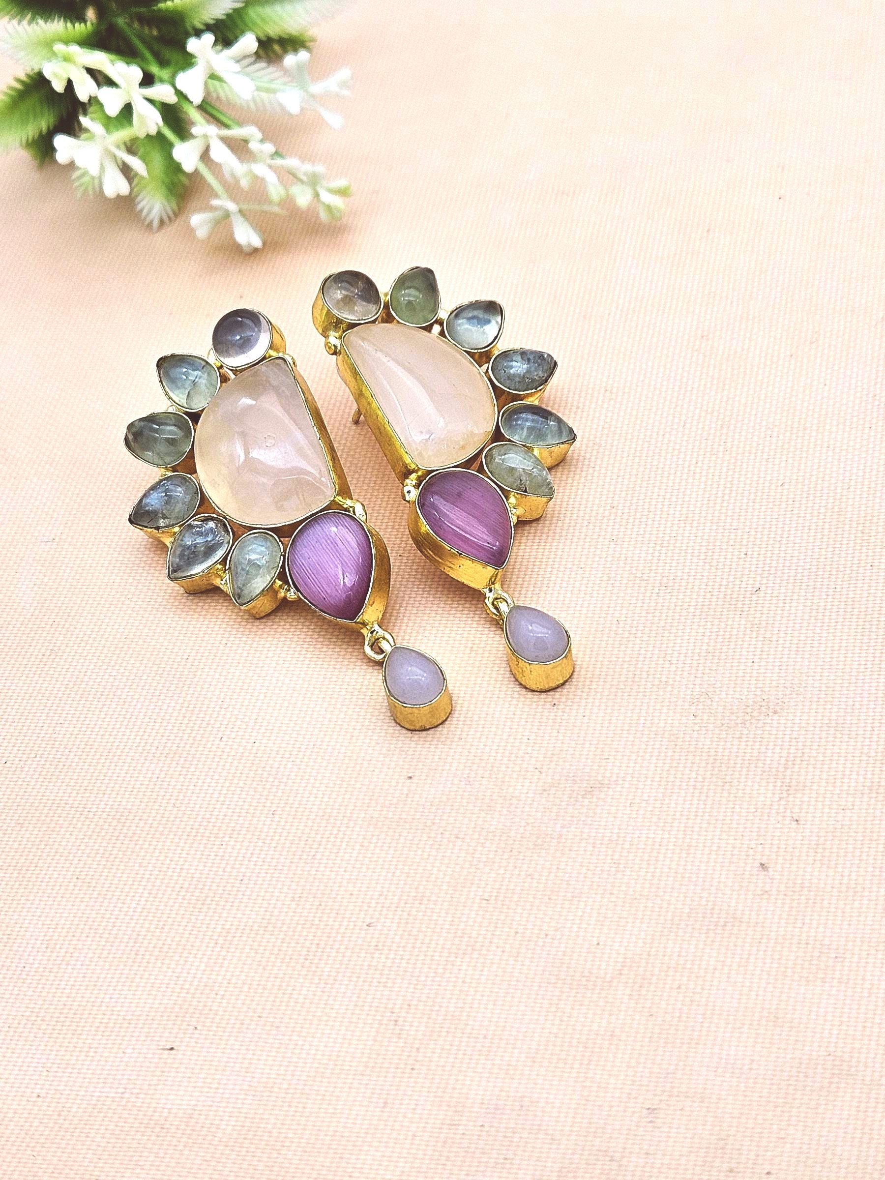Elegant Gold Plated Rose Quartz, Prehnite & Pink Monalisa Designer Earrings for Women