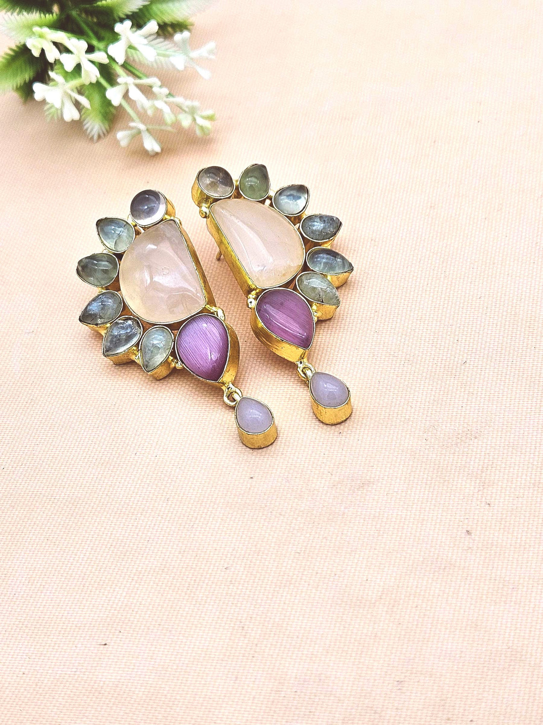Elegant Gold Plated Rose Quartz, Prehnite & Pink Monalisa Designer Earrings for Women