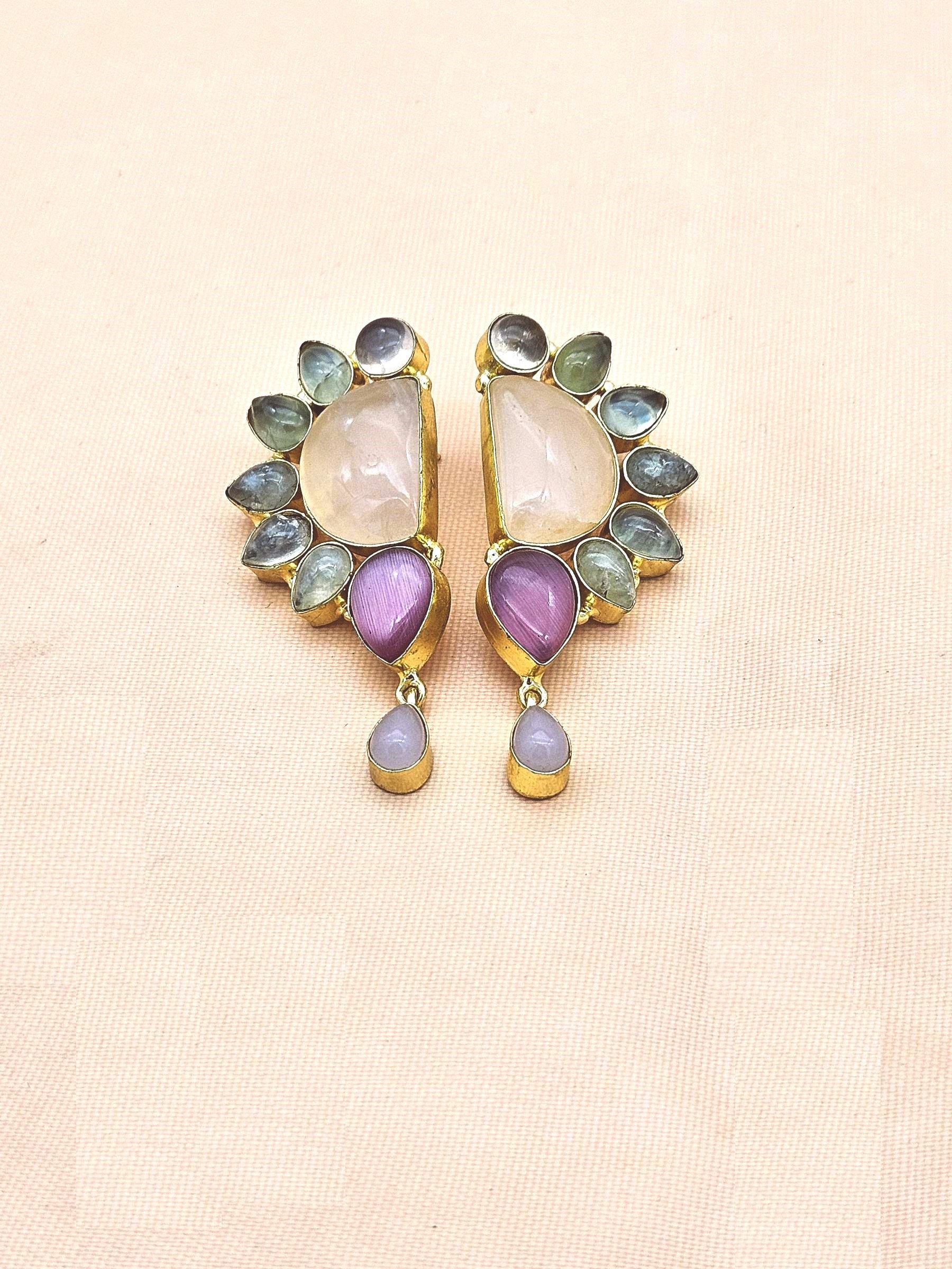 Elegant Gold Plated Rose Quartz, Prehnite & Pink Monalisa Designer Earrings for Women