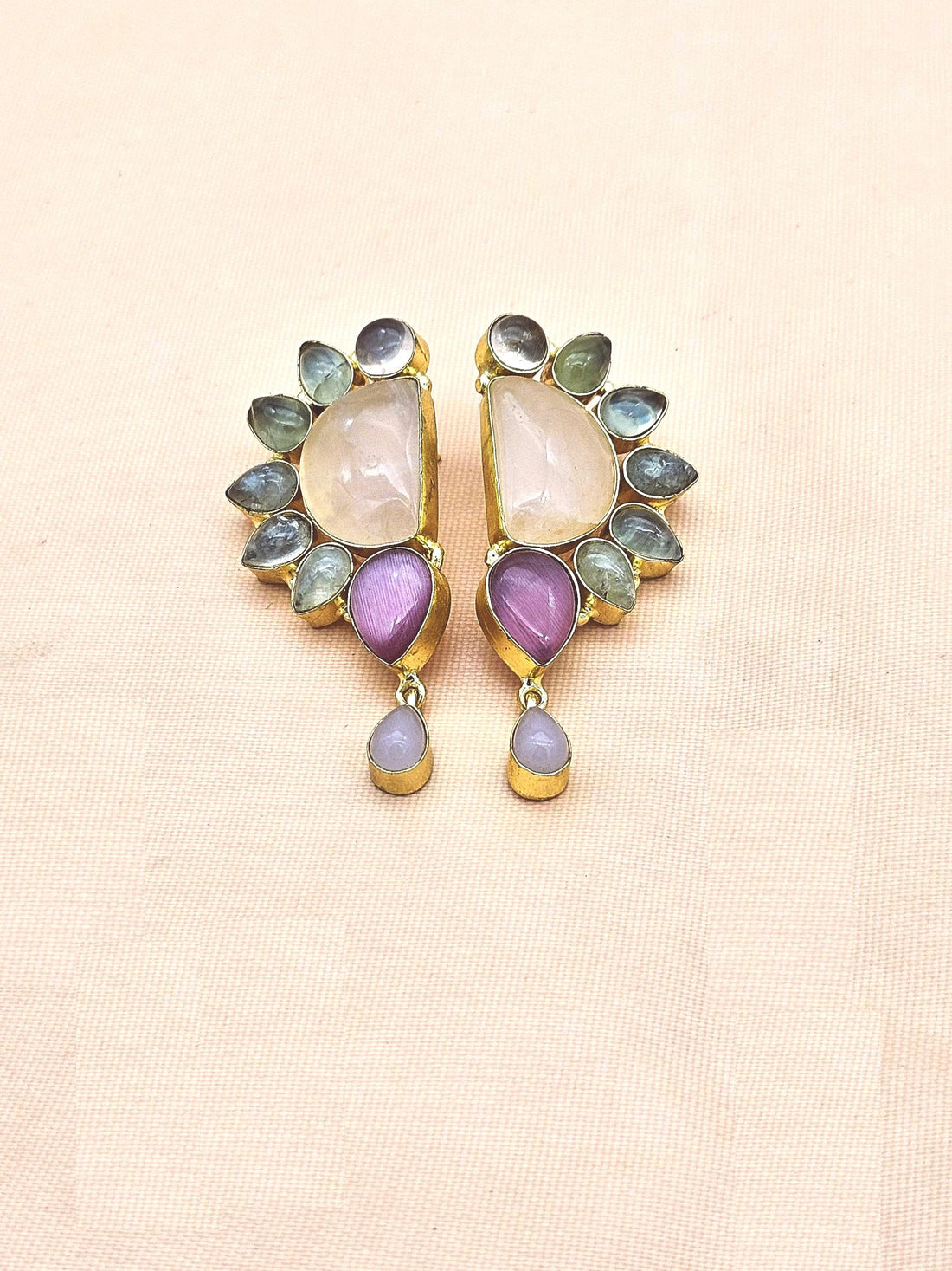 Elegant Gold Plated Rose Quartz, Prehnite & Pink Monalisa Designer Earrings for Women