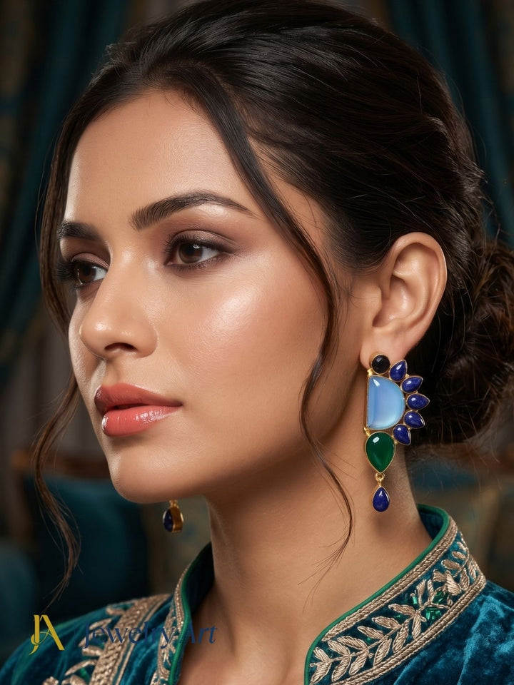 Luxury handcrafted earrings featuring lapis, chalcedony, and green onyx gemstones
