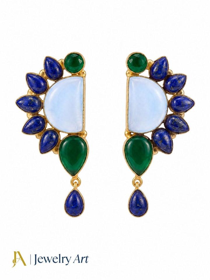 Handmade Lapis-Chalcedony-Green Onyx Multi Gemstone Party Wear Earrings