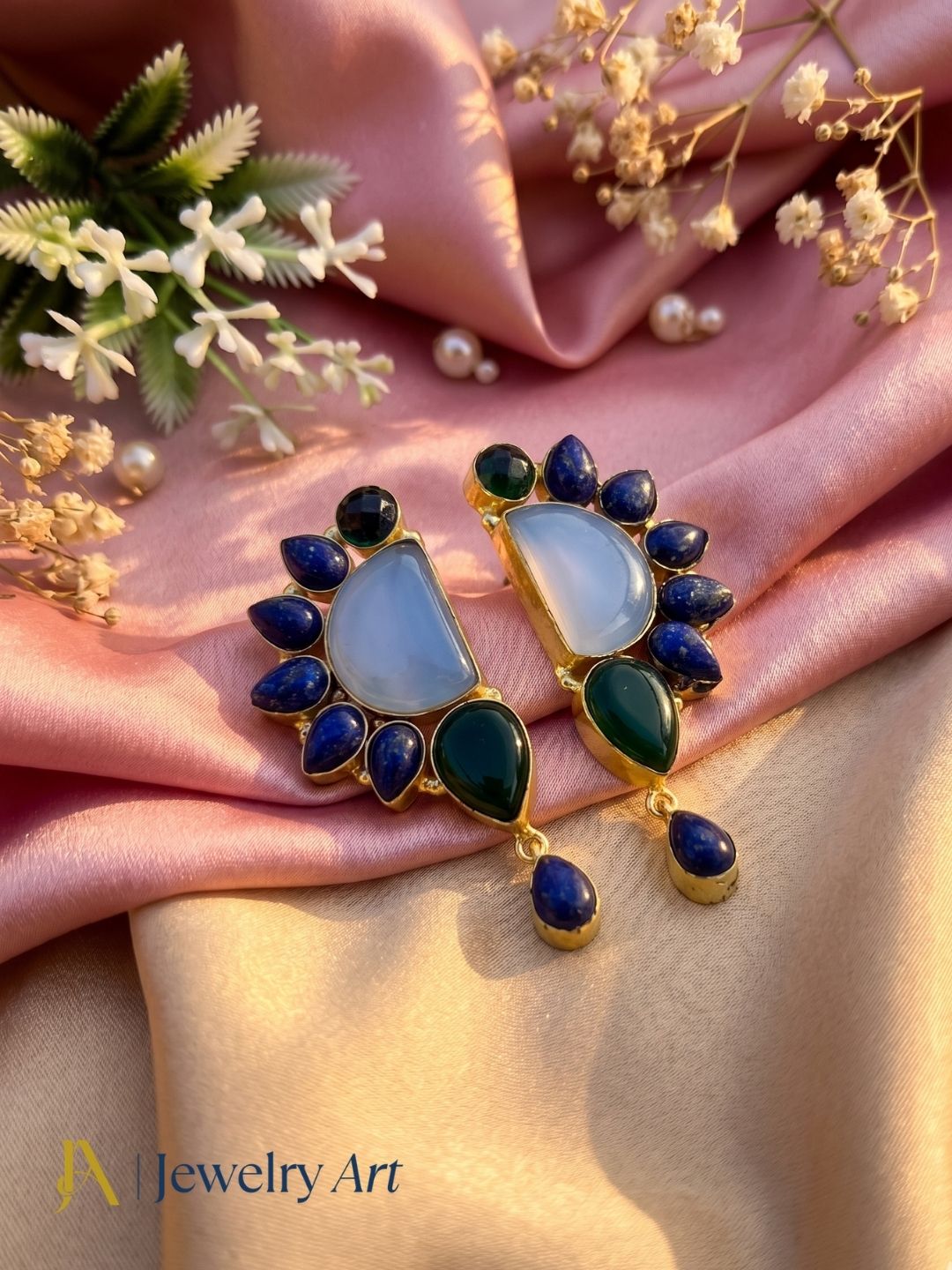 Handmade Lapis-Chalcedony-Green Onyx Multi Gemstone Party Wear Earrings