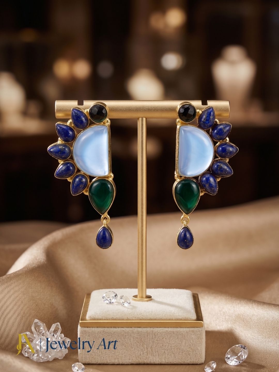 Handmade Lapis-Chalcedony-Green Onyx Multi Gemstone Party Wear Earrings
