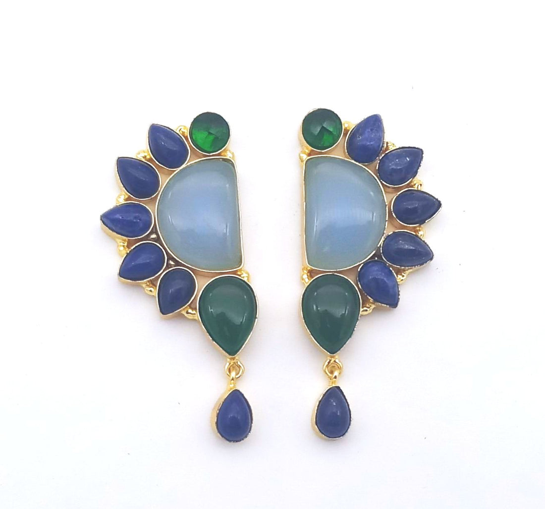 Handmade Lapis-Chalcedony-Green Onyx Multi Gemstone Party Wear Earrings