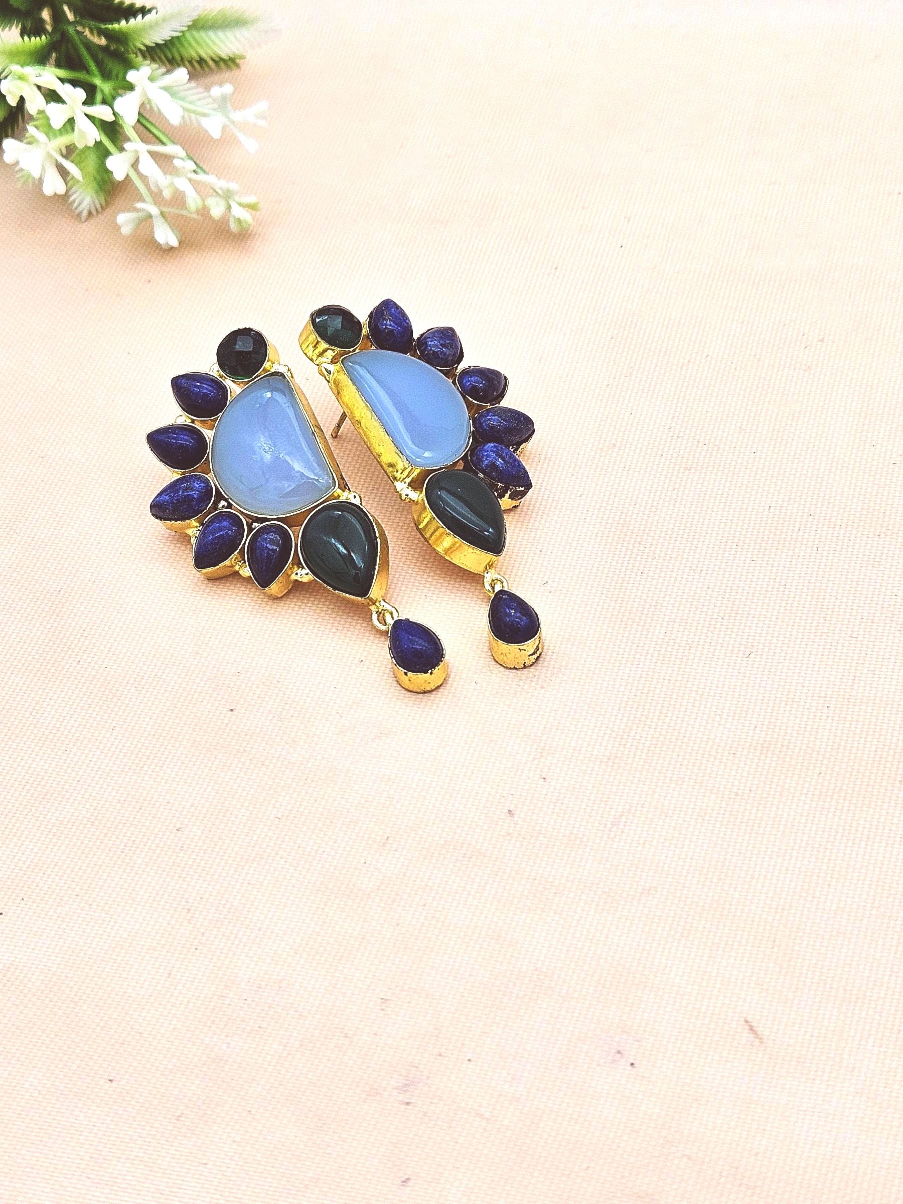 Handmade Lapis-Chalcedony-Green Onyx Multi Gemstone Party Wear Earrings