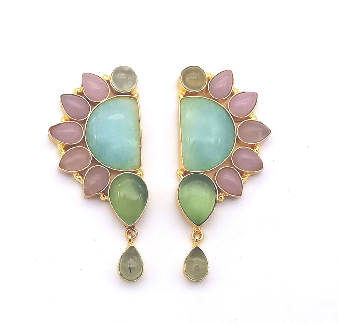 Gold Plated Monalisa-Rose Quartz-Prehnite Multi Gemstone Handcrafted Designer Party Wear Dangle Drop Earrings