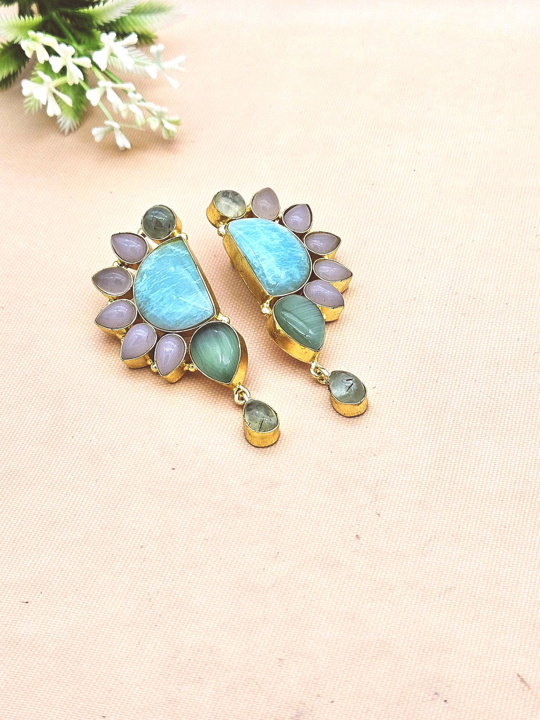 Gold Plated Monalisa-Rose Quartz-Prehnite Multi Gemstone Handcrafted Designer Party Wear Dangle Drop Earrings