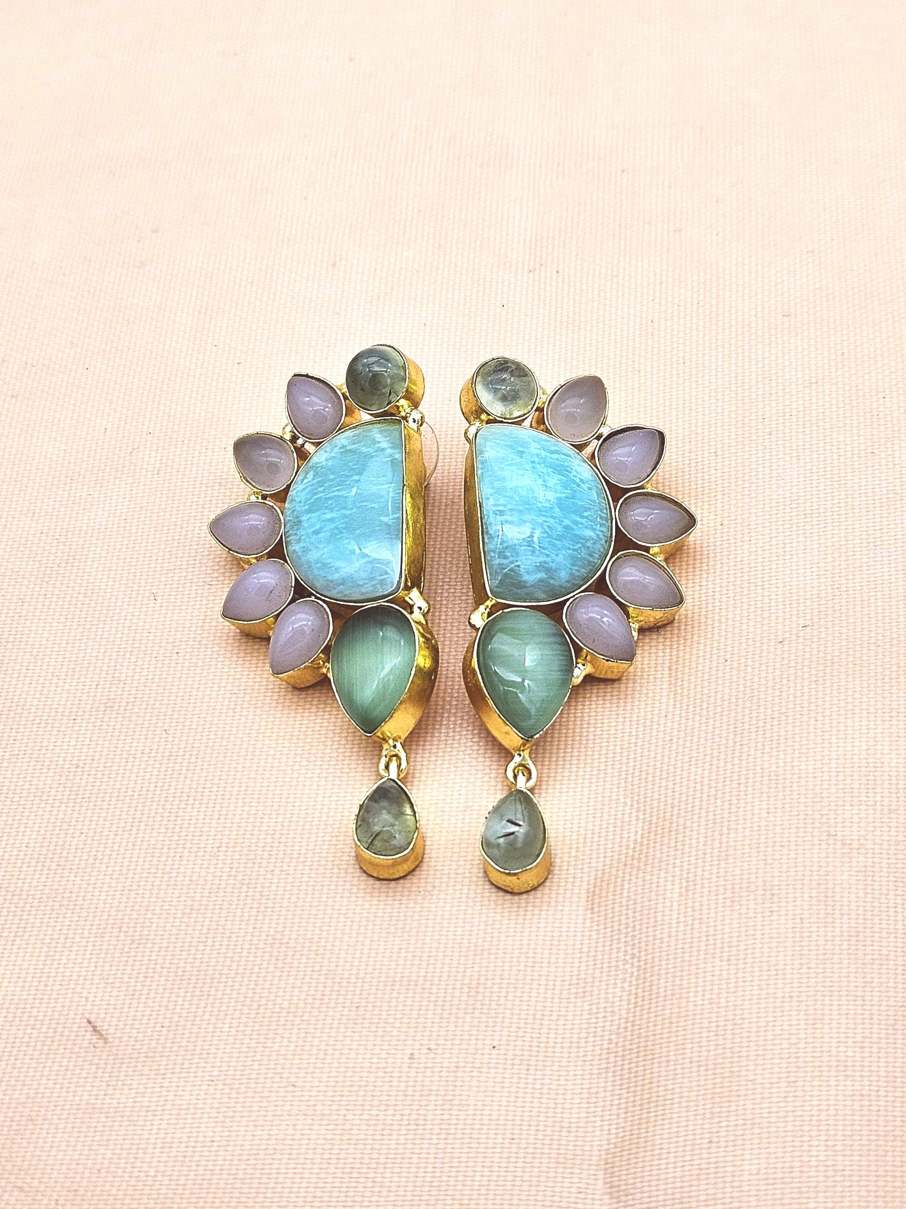 Gold Plated Monalisa-Rose Quartz-Prehnite Multi Gemstone Handcrafted Designer Party Wear Dangle Drop Earrings