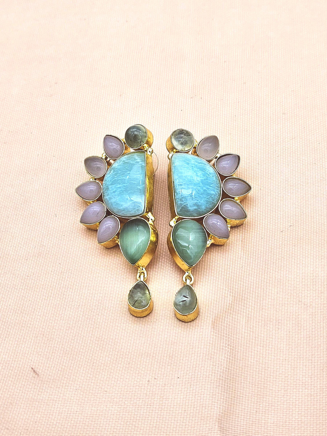 Gold Plated Monalisa-Rose Quartz-Prehnite Multi Gemstone Handcrafted Designer Party Wear Dangle Drop Earrings