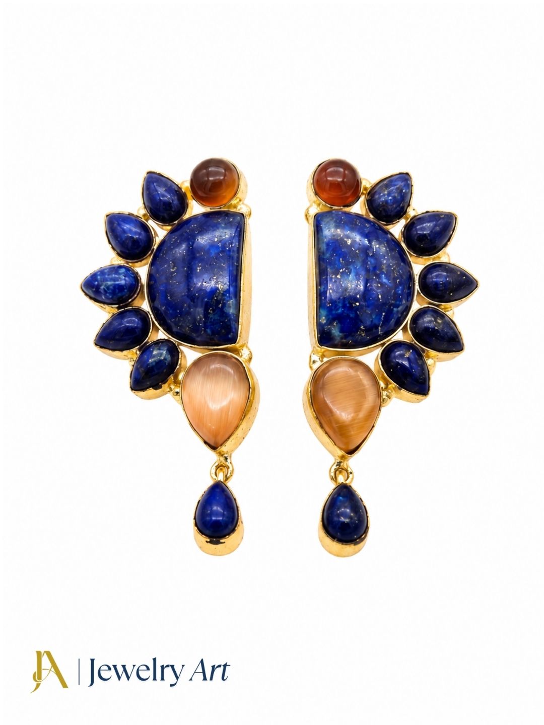 Handcrafted Gold Plated Lapis-Yellow Glass Multi Gemstone Amazing Designer Party Wear Dangle Drop Earrings