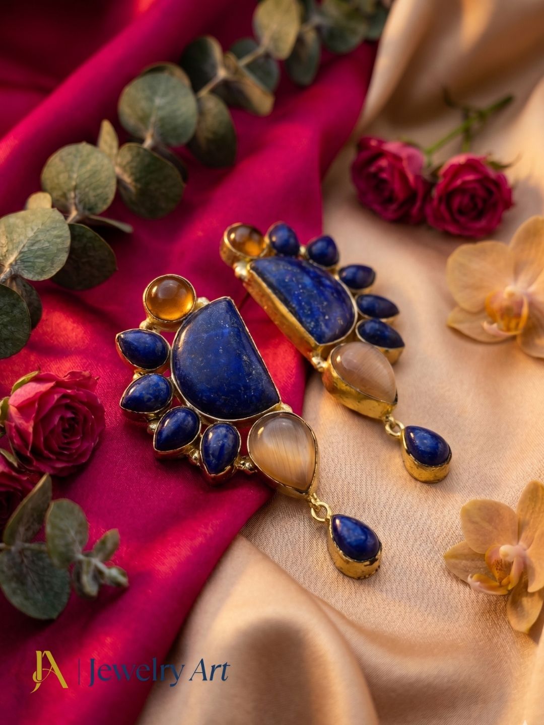 Handcrafted Gold Plated Lapis-Yellow Glass Multi Gemstone Amazing Designer Party Wear Dangle Drop Earrings