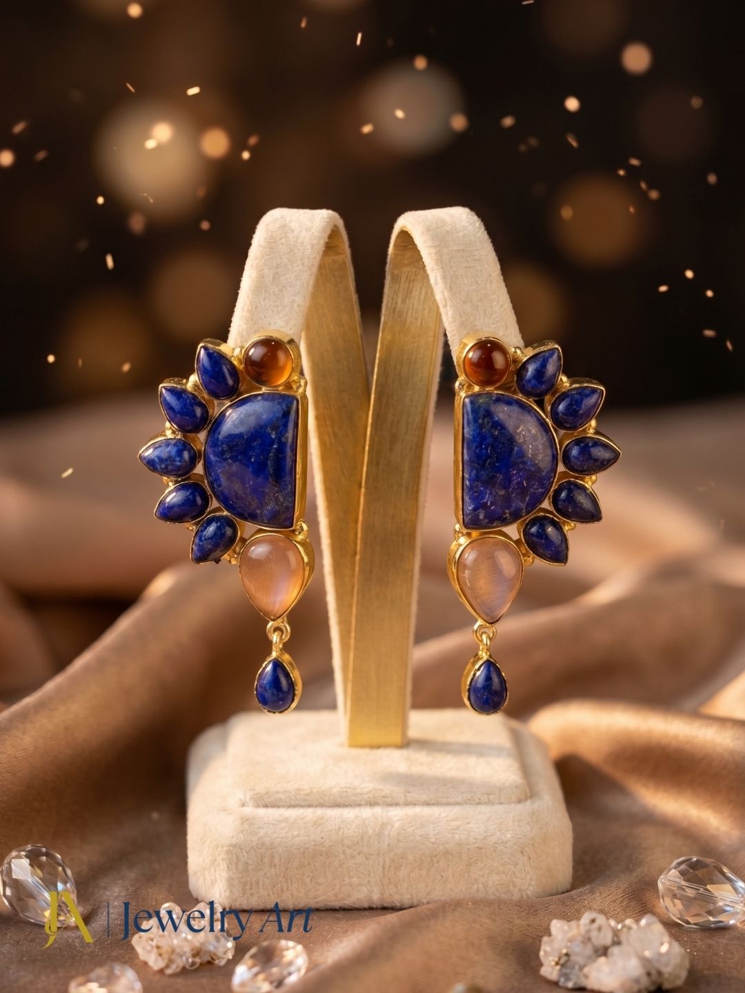 Handcrafted Gold Plated Lapis-Yellow Glass Multi Gemstone Amazing Designer Party Wear Dangle Drop Earrings