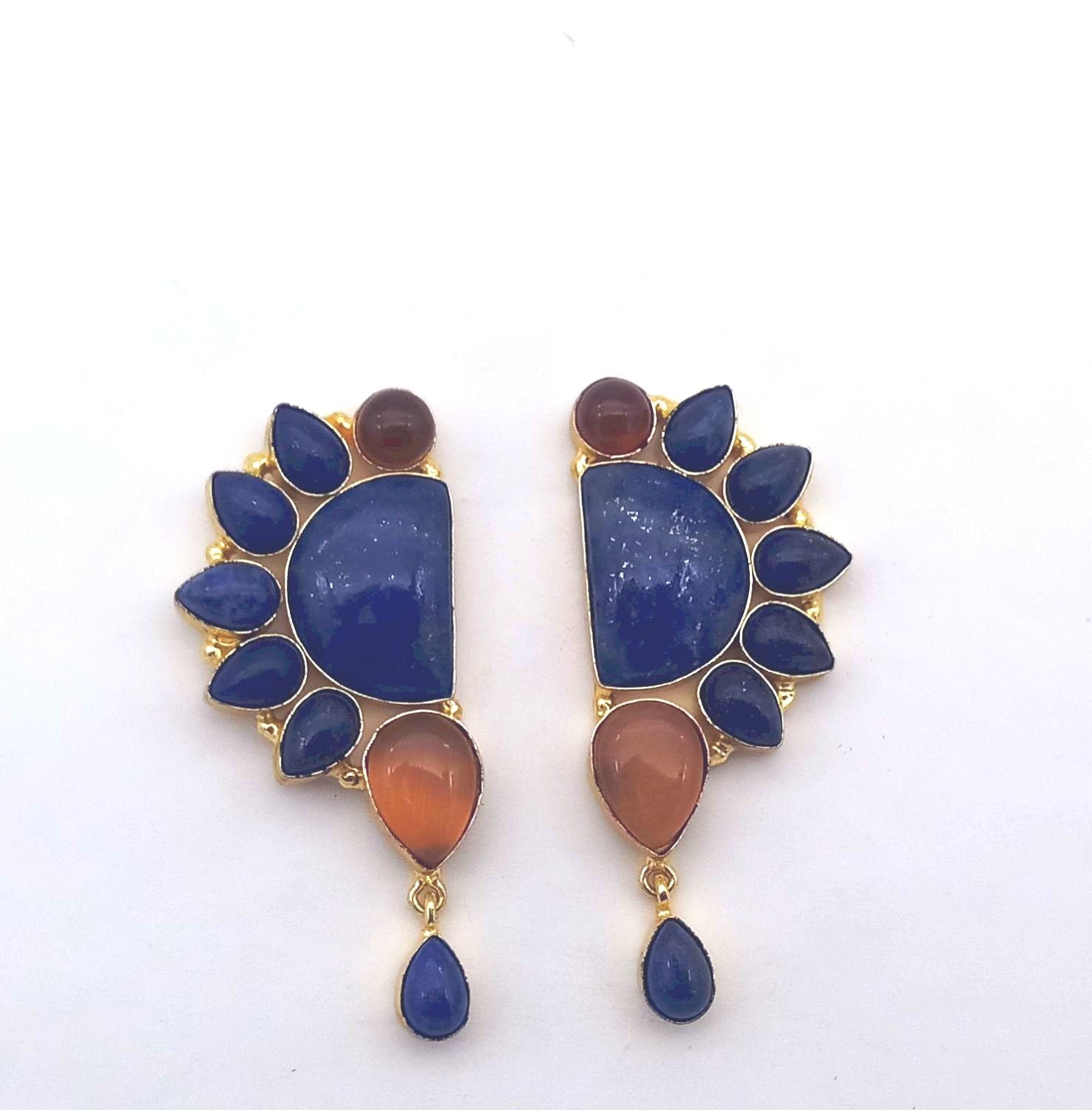 Handcrafted Gold Plated Lapis-Yellow Glass Multi Gemstone Amazing Designer Party Wear Dangle Drop Earrings