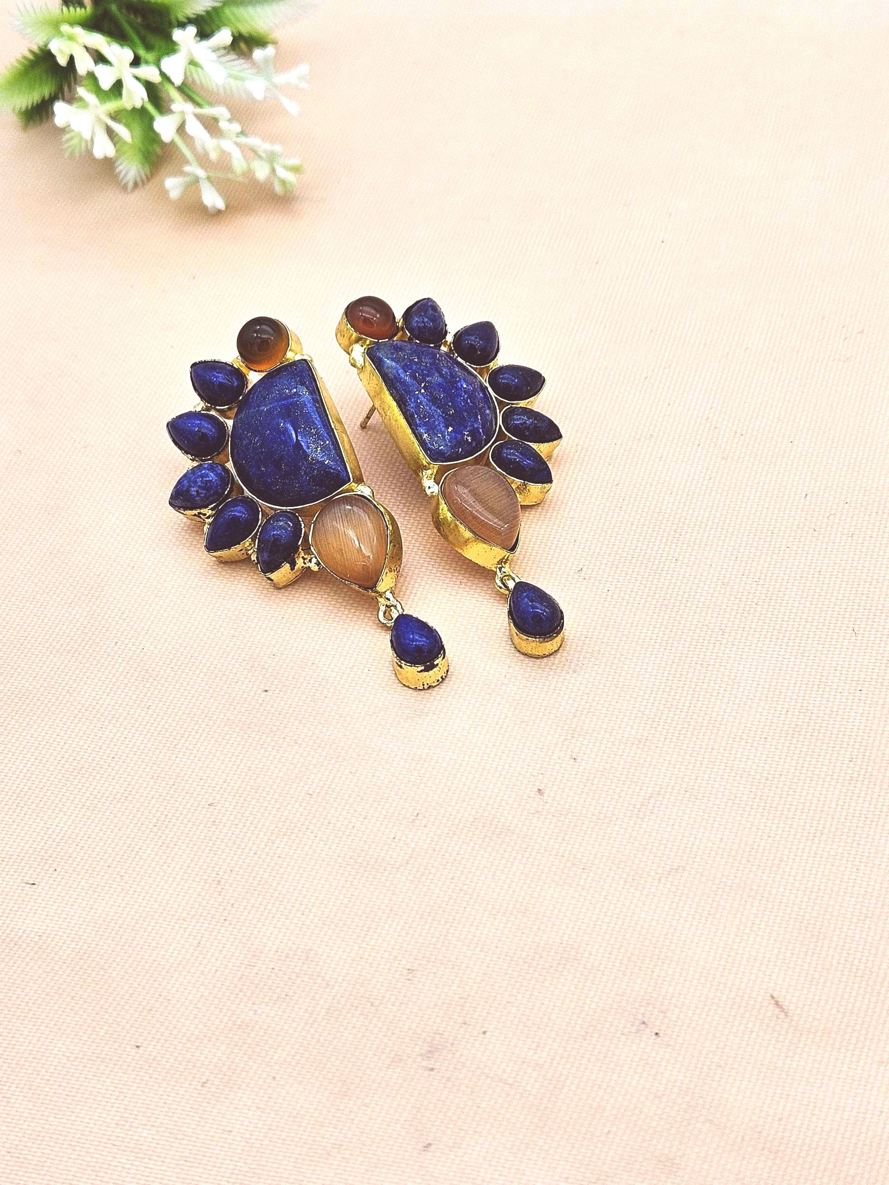 Handcrafted Gold Plated Lapis-Yellow Glass Multi Gemstone Amazing Designer Party Wear Dangle Drop Earrings