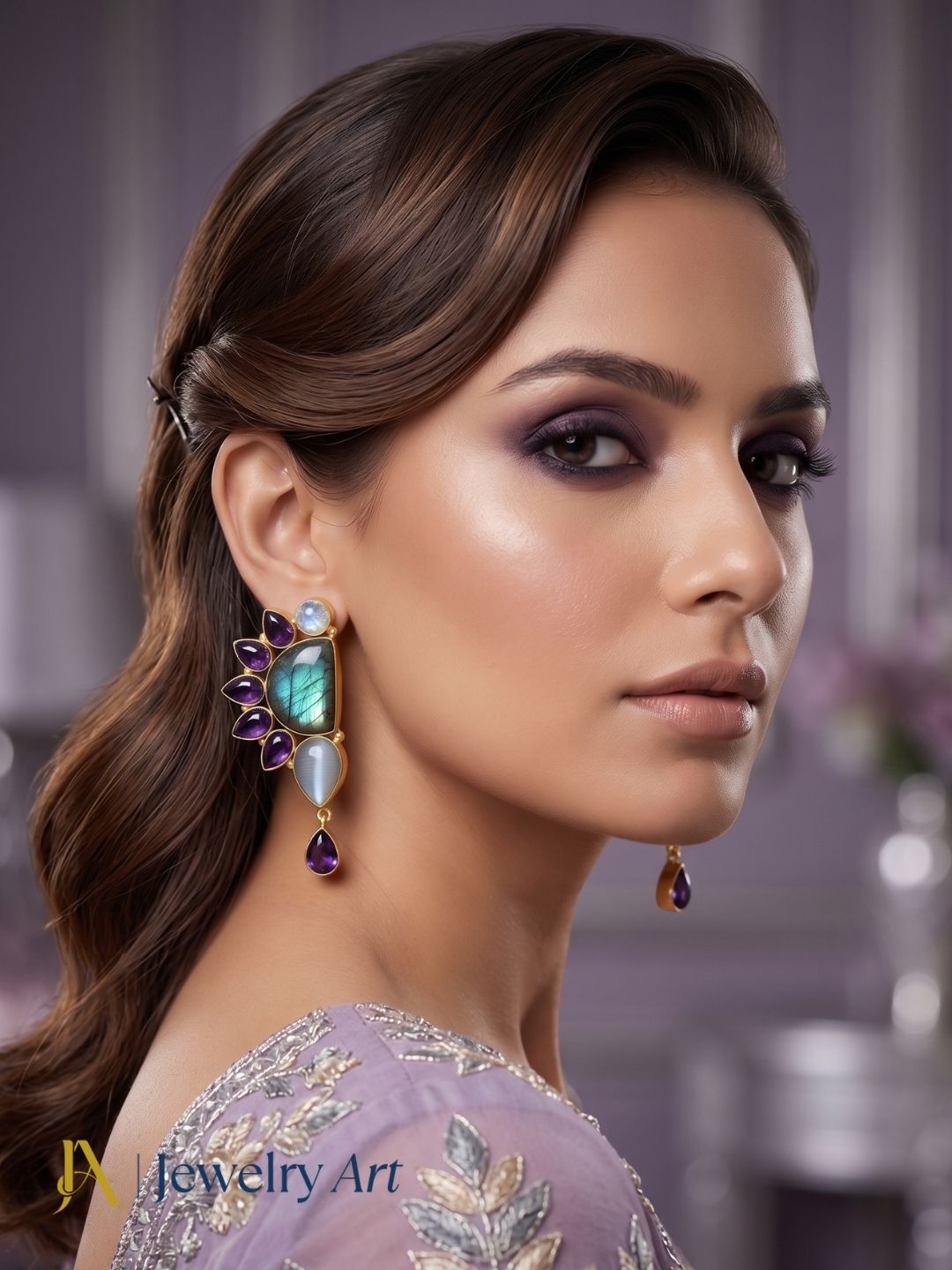 Premium handcrafted labradorite amethyst monalisa multi gemstone designer party wear drop earrings
